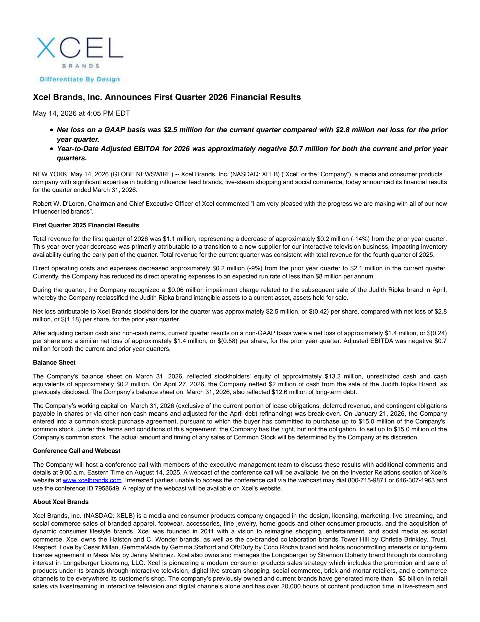 Xcel Brands' Q1 2026 Press Release