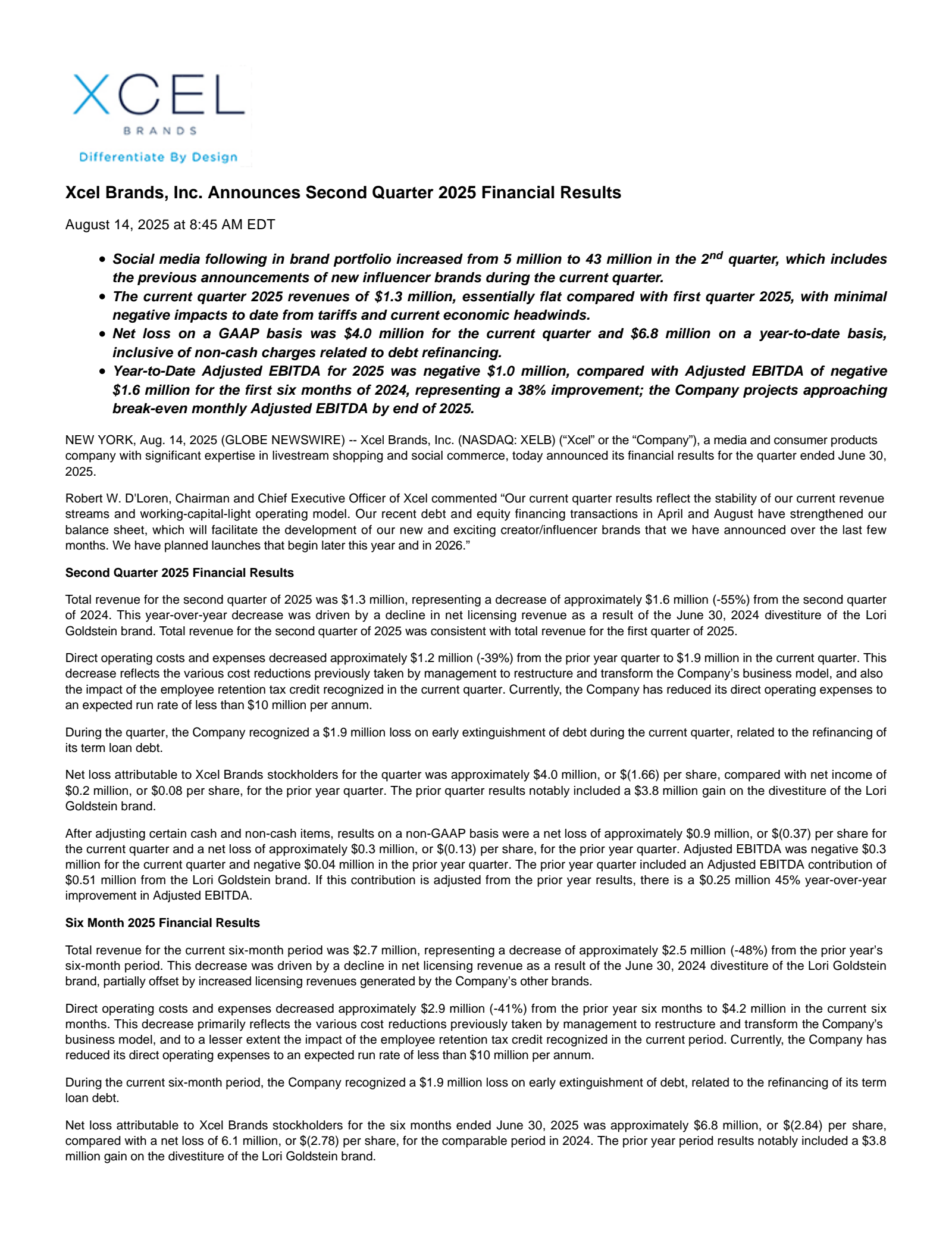 Xcel Brands' Q2 2025 Press Release