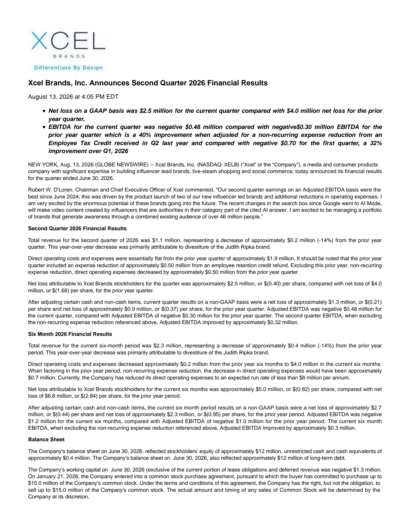 Xcel Brands' Q2 2026 Press Release