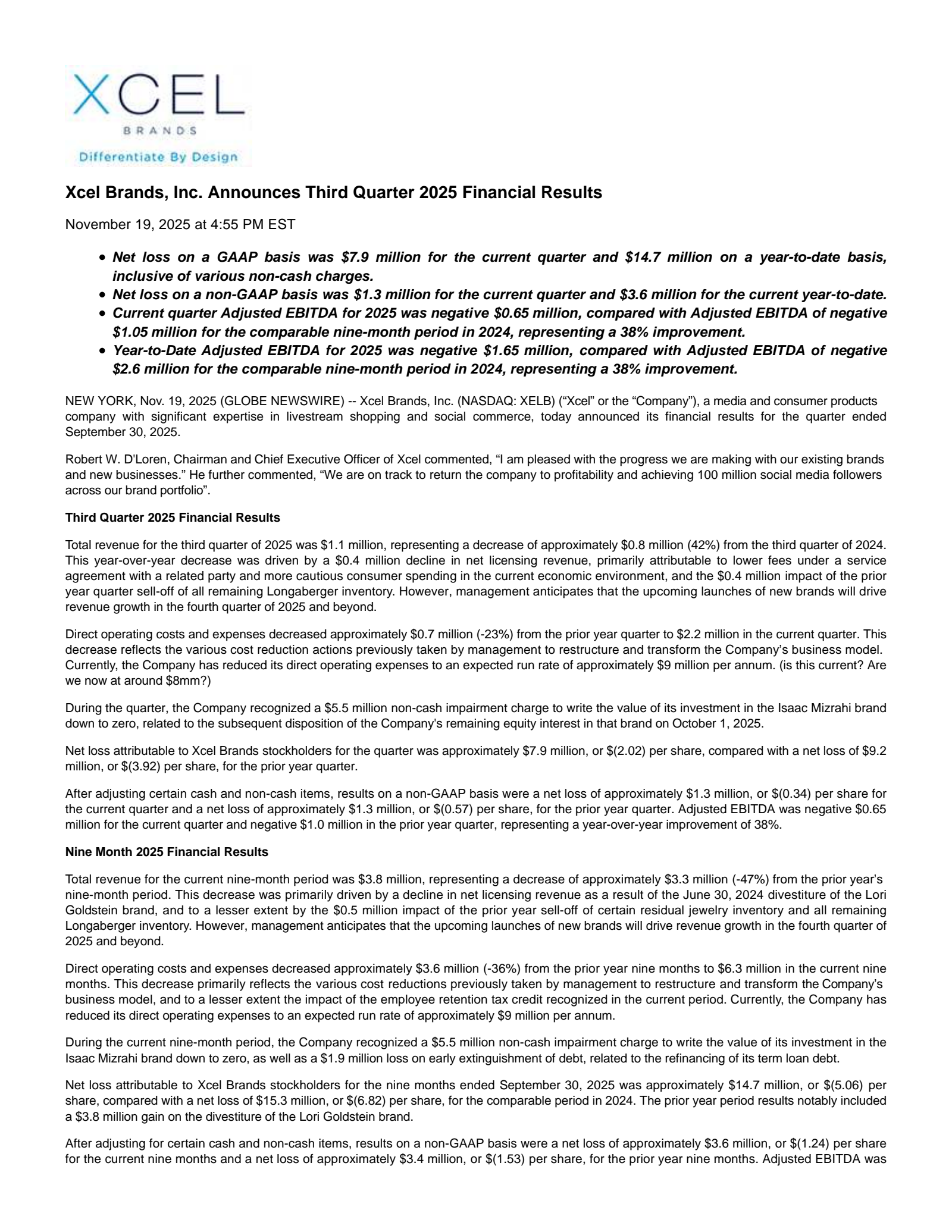 Xcel Brands' Q3 2025 Earnings Release