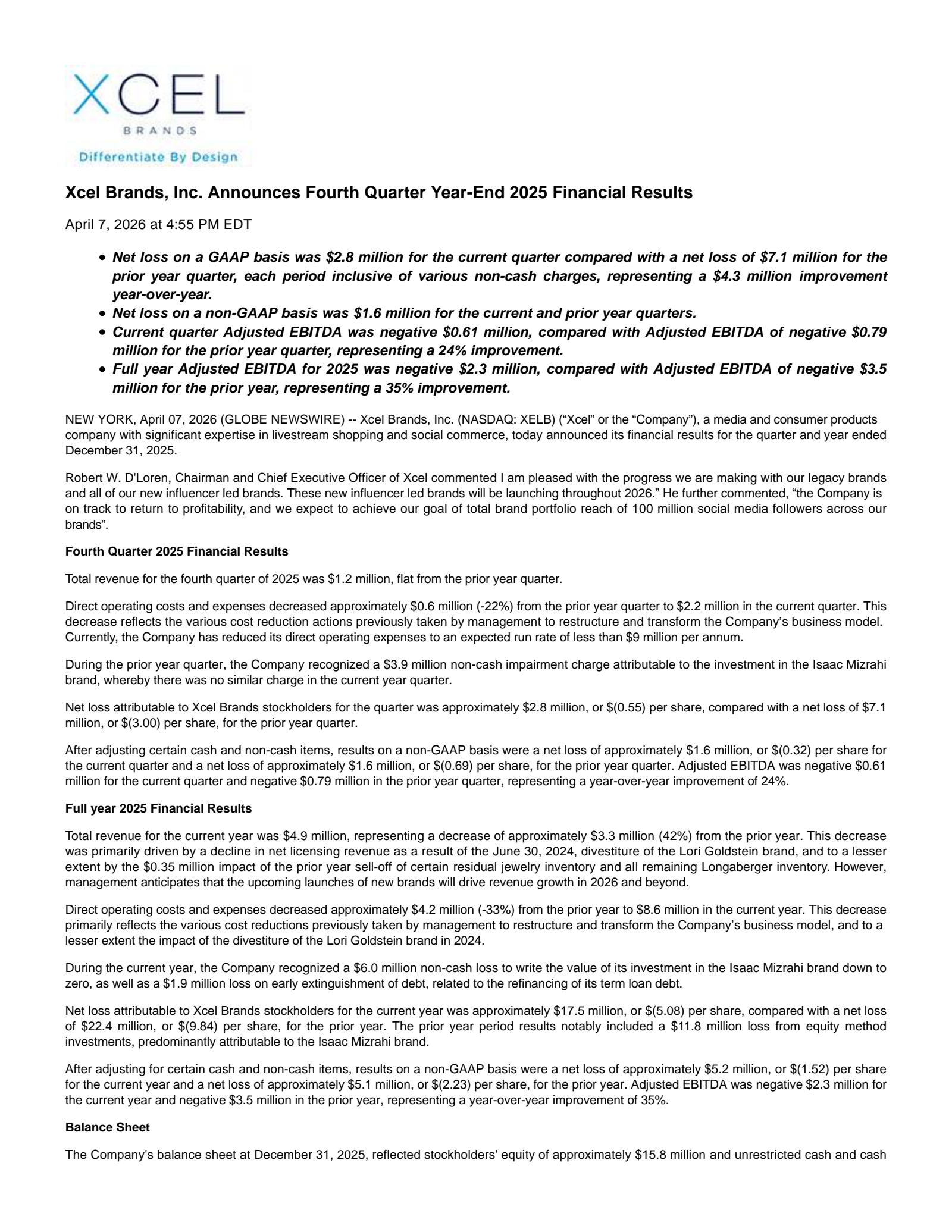 Xcel Brands' Q4 2025 Press Release