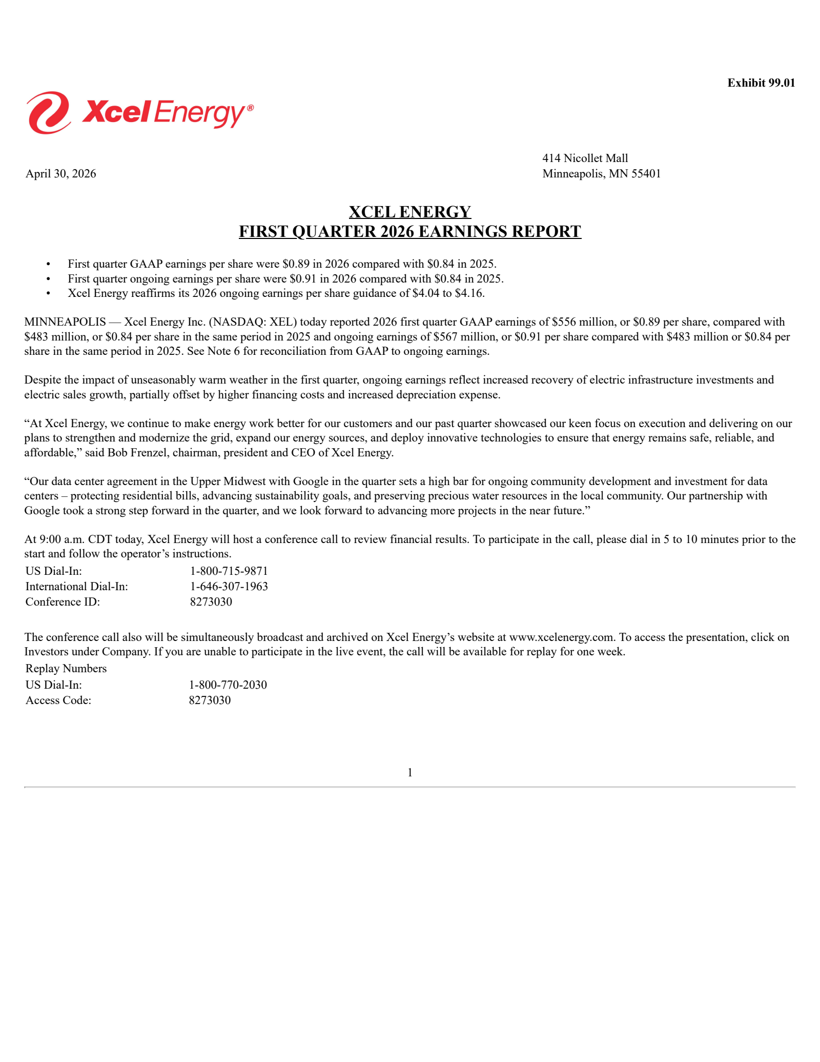 Xcel Energy's Q1 2026 Press Release
