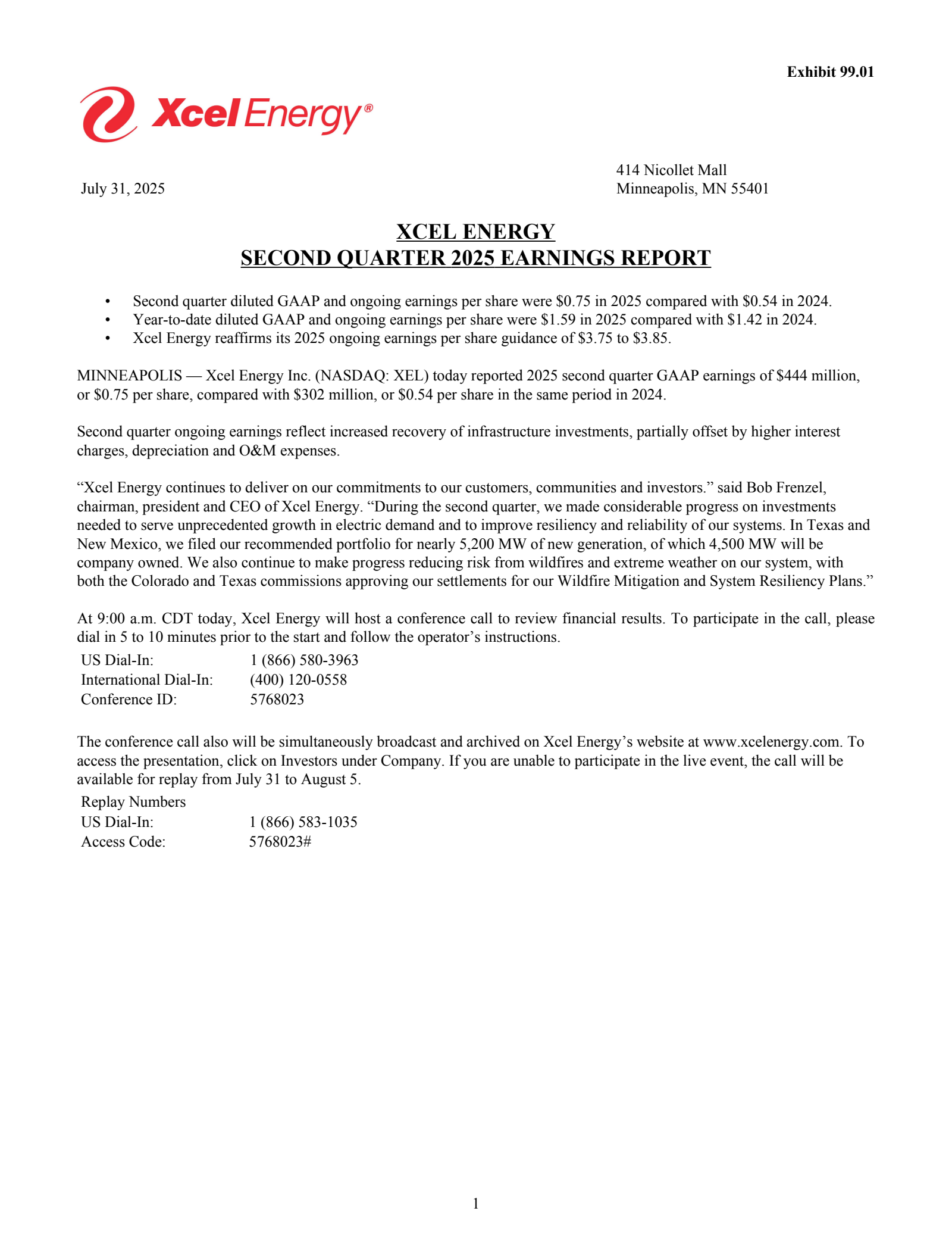 Xcel Energy's Q2 2025 Press Release