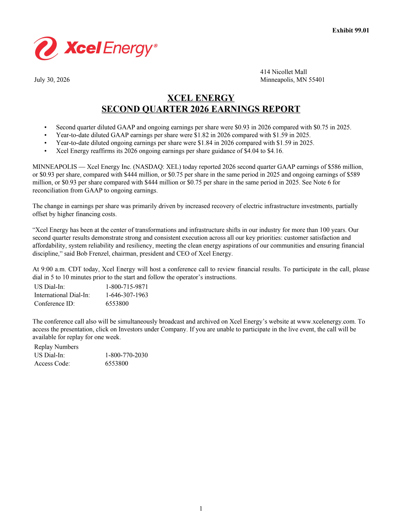 Xcel Energy's Q2 2026 Press Release
