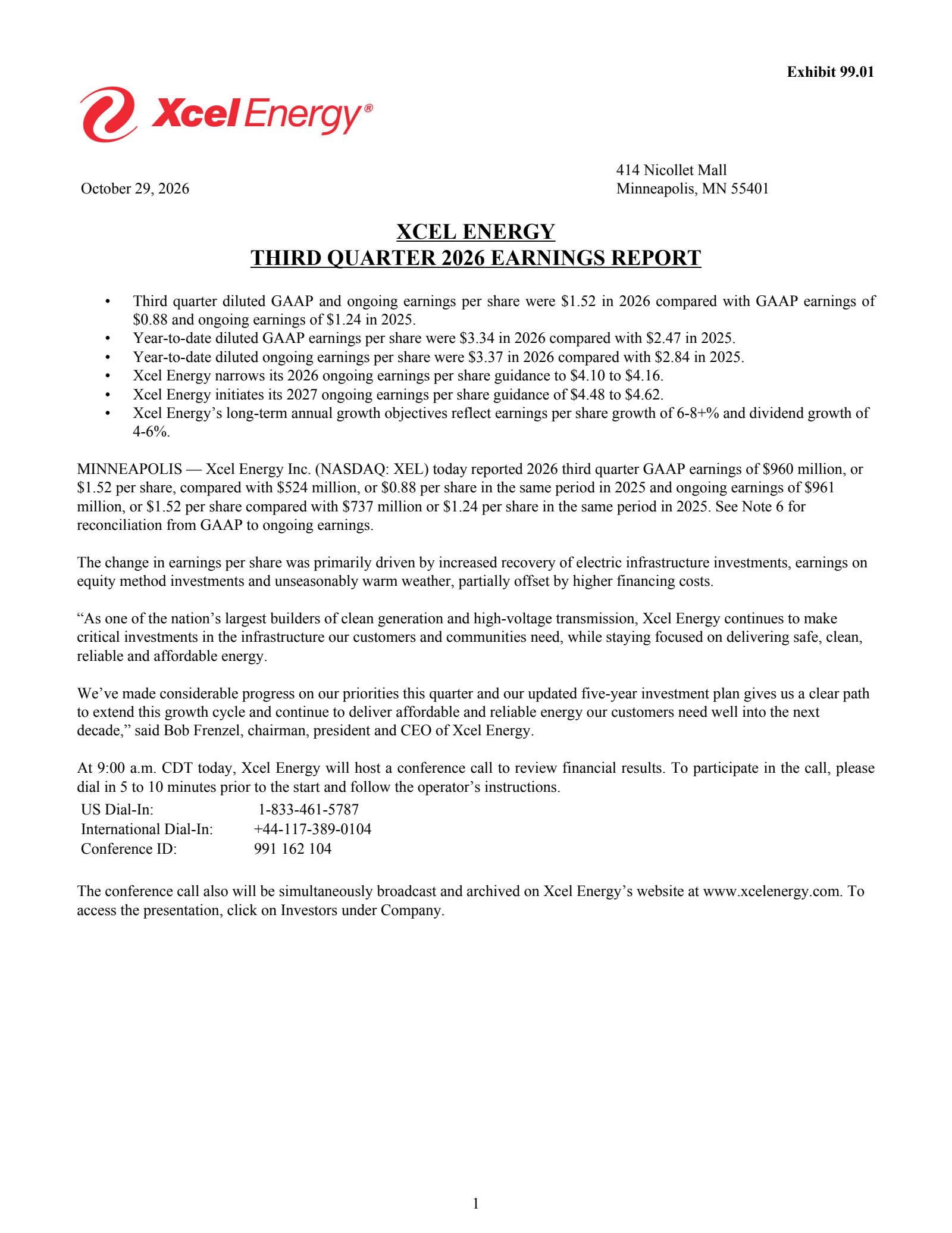 Xcel Energy's Q3 2026 Press Release