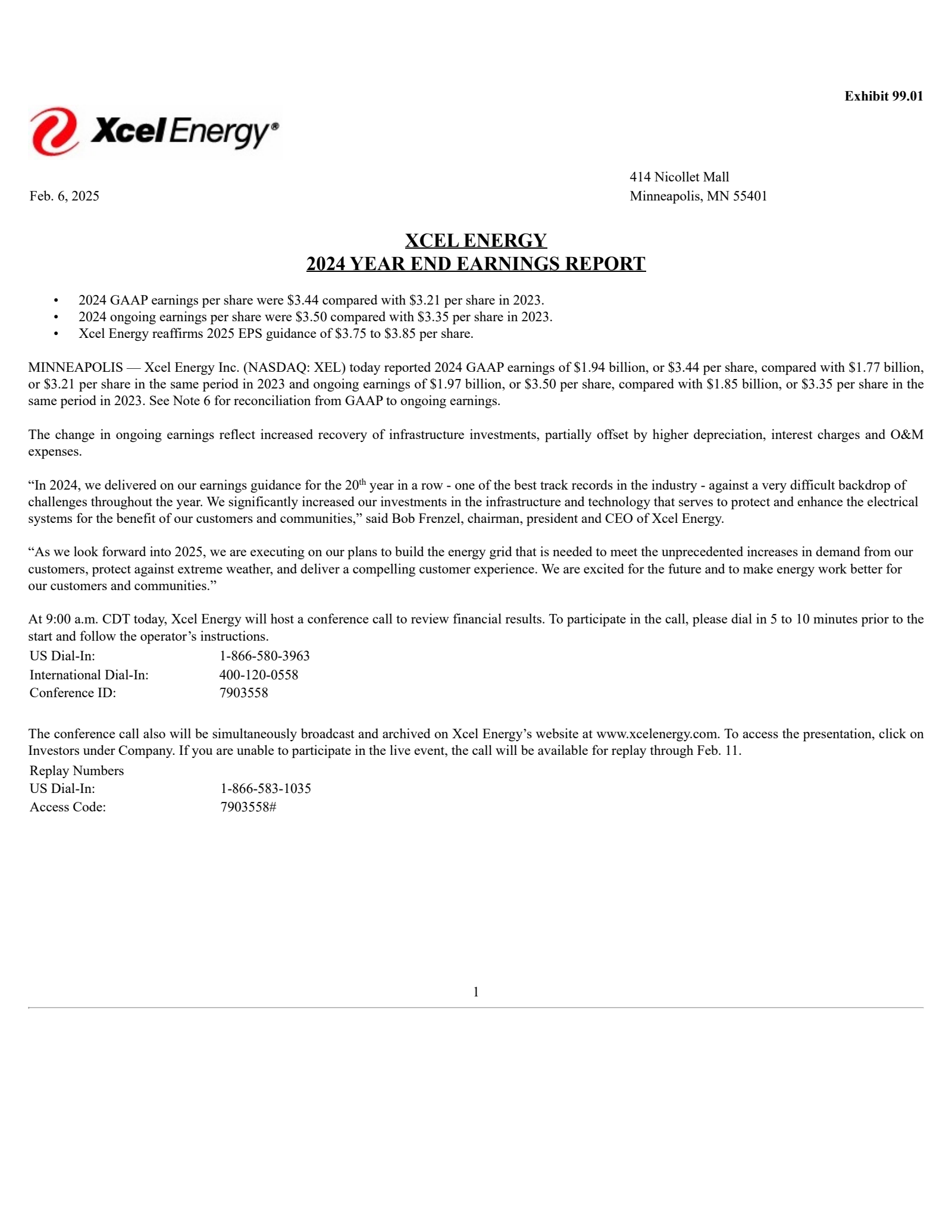 Xcel Energy's Q4 2024 Press Release