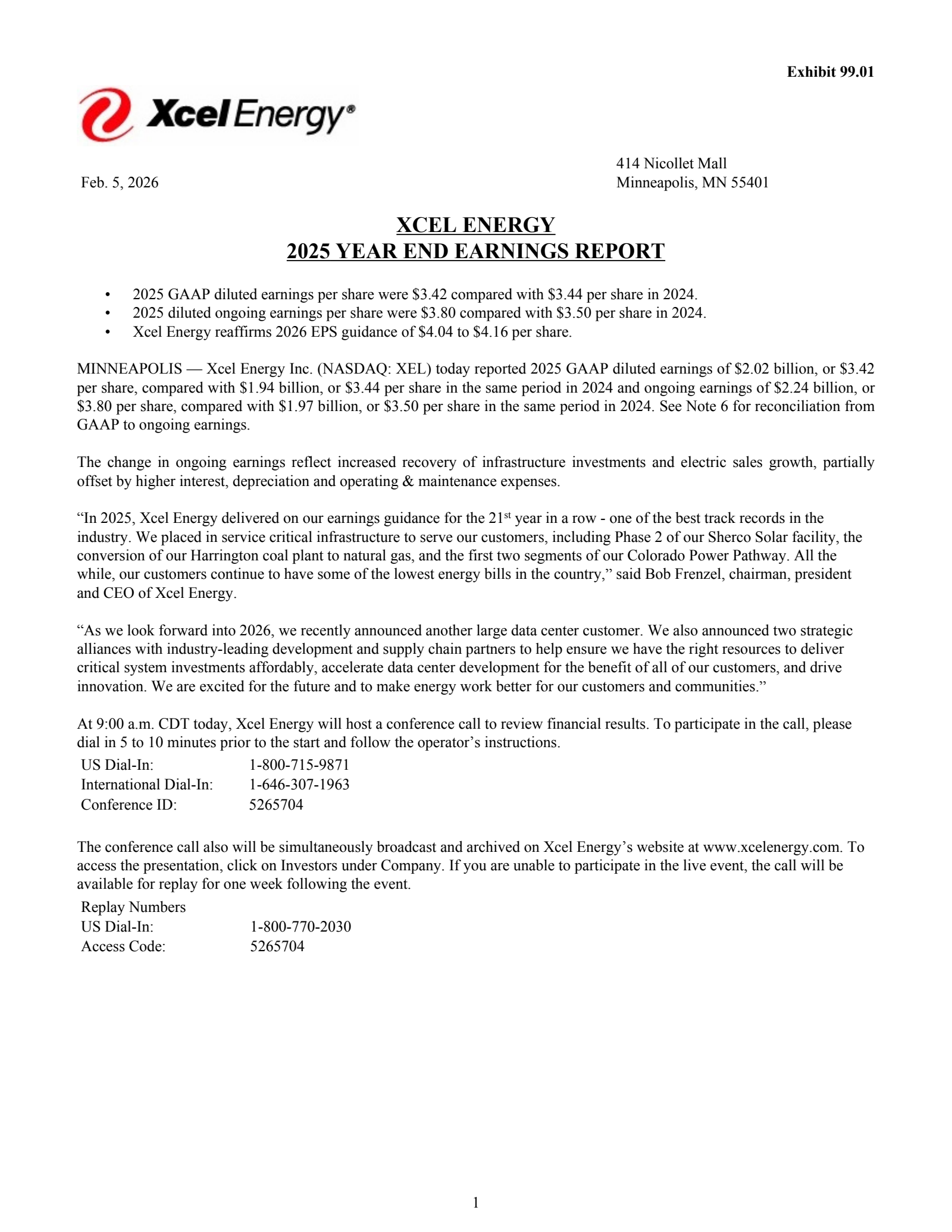 Xcel Energy's Q4 2025 Press Release