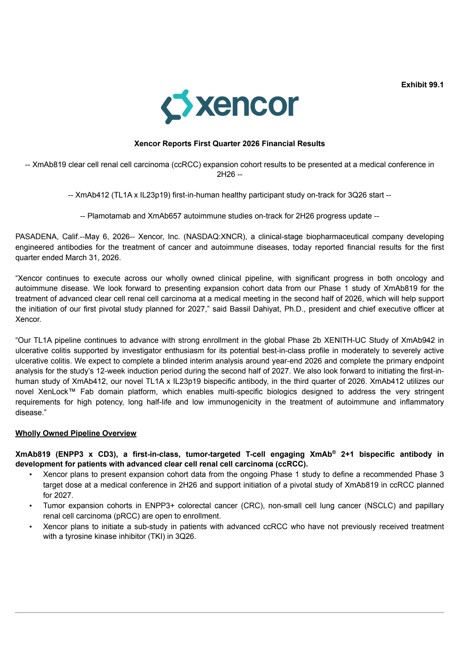 Xencor's Q1 2026 Press Release