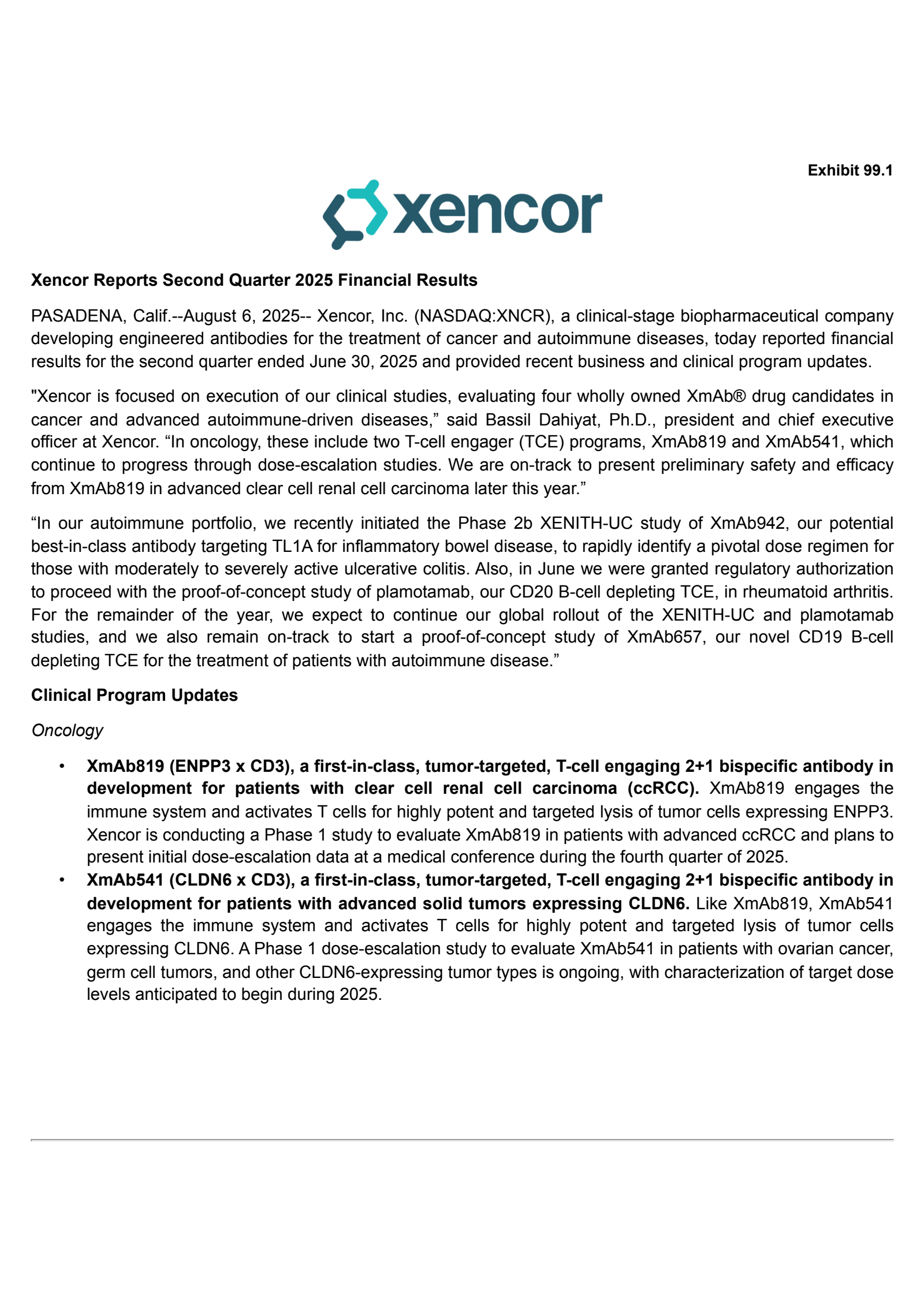 Xencor's Q2 2025 Press Release