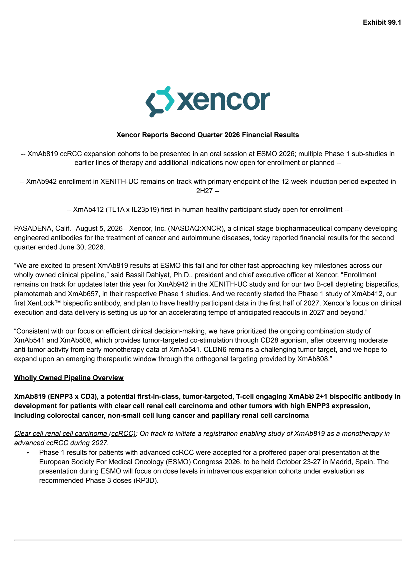 Xencor's Q2 2026 Press Release