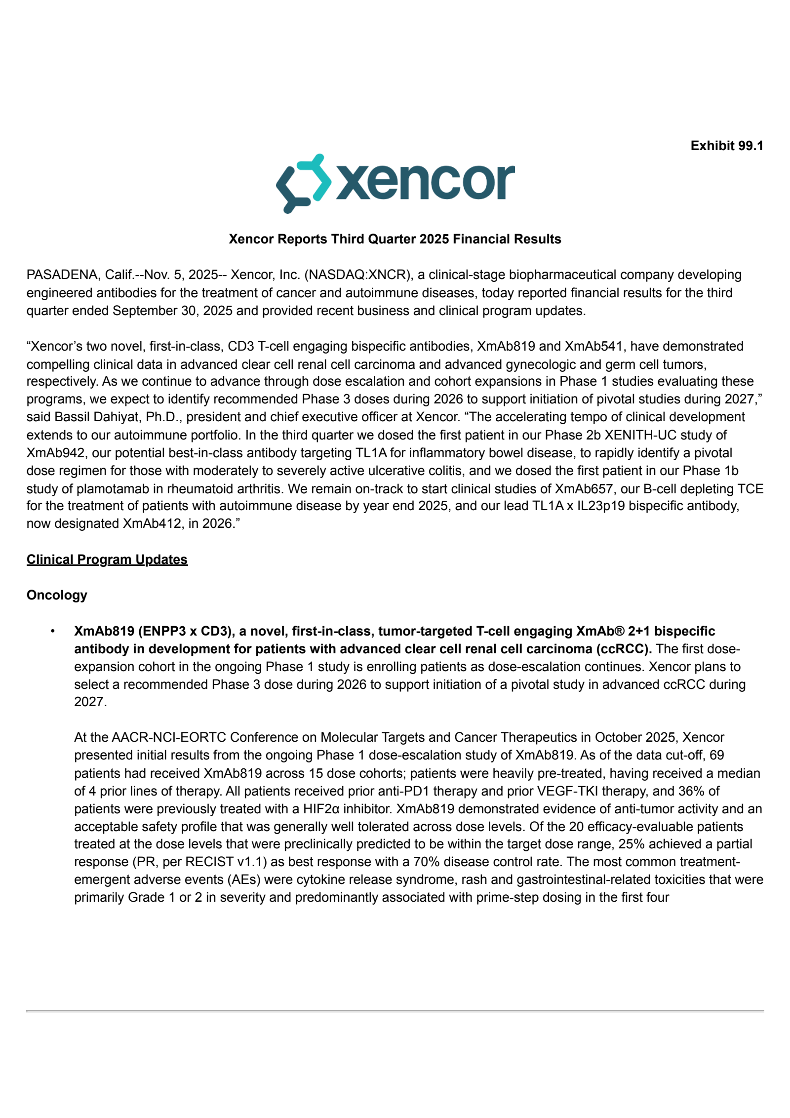 Xencor's Q3 2025 Earnings Release