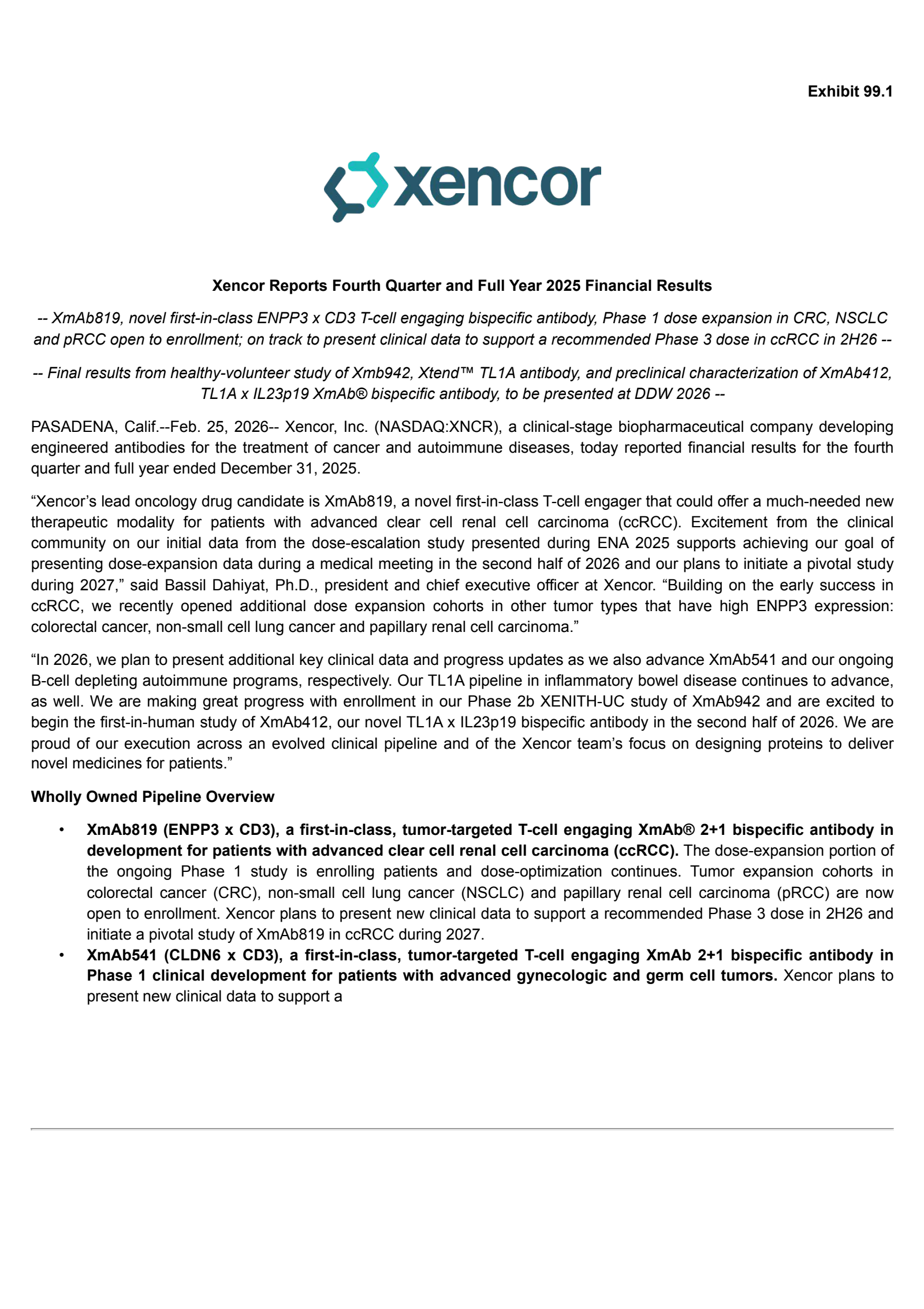 Xencor's Q4 2025 Press Release