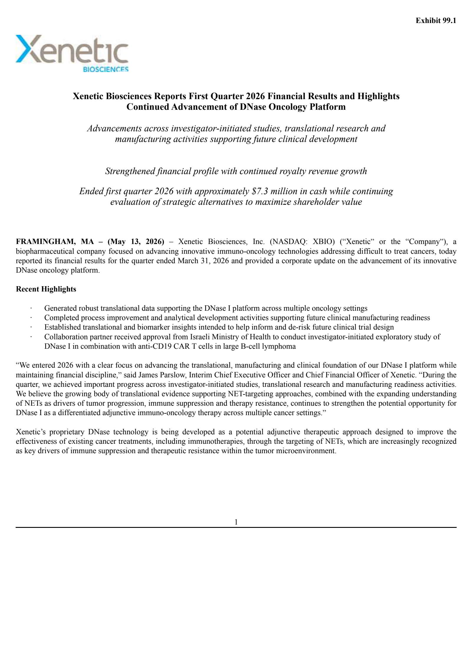 Xenetic Biosciences' Q1 2026 Press Release