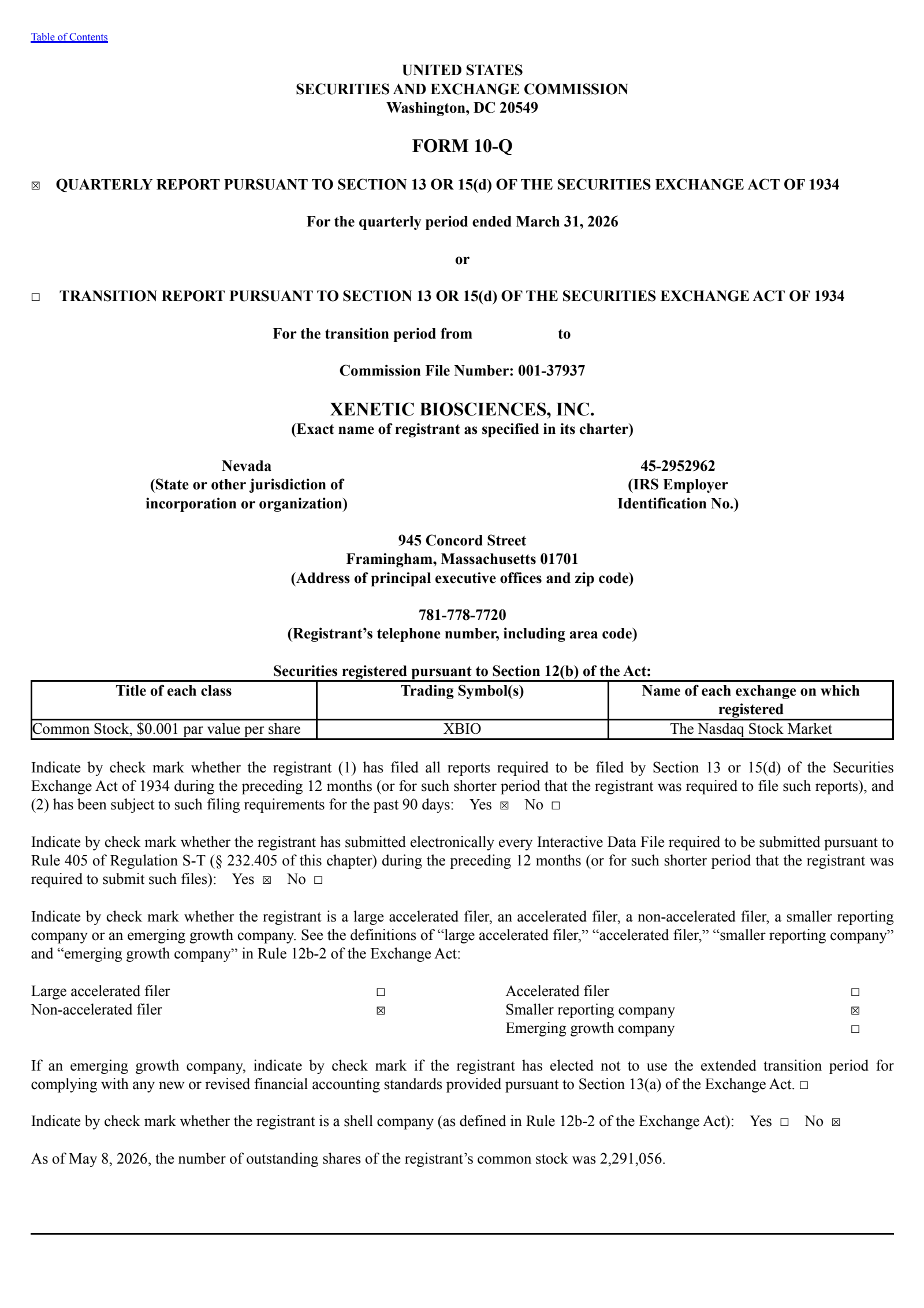 Xenetic Biosciences' Q1 2026 Quarterly report