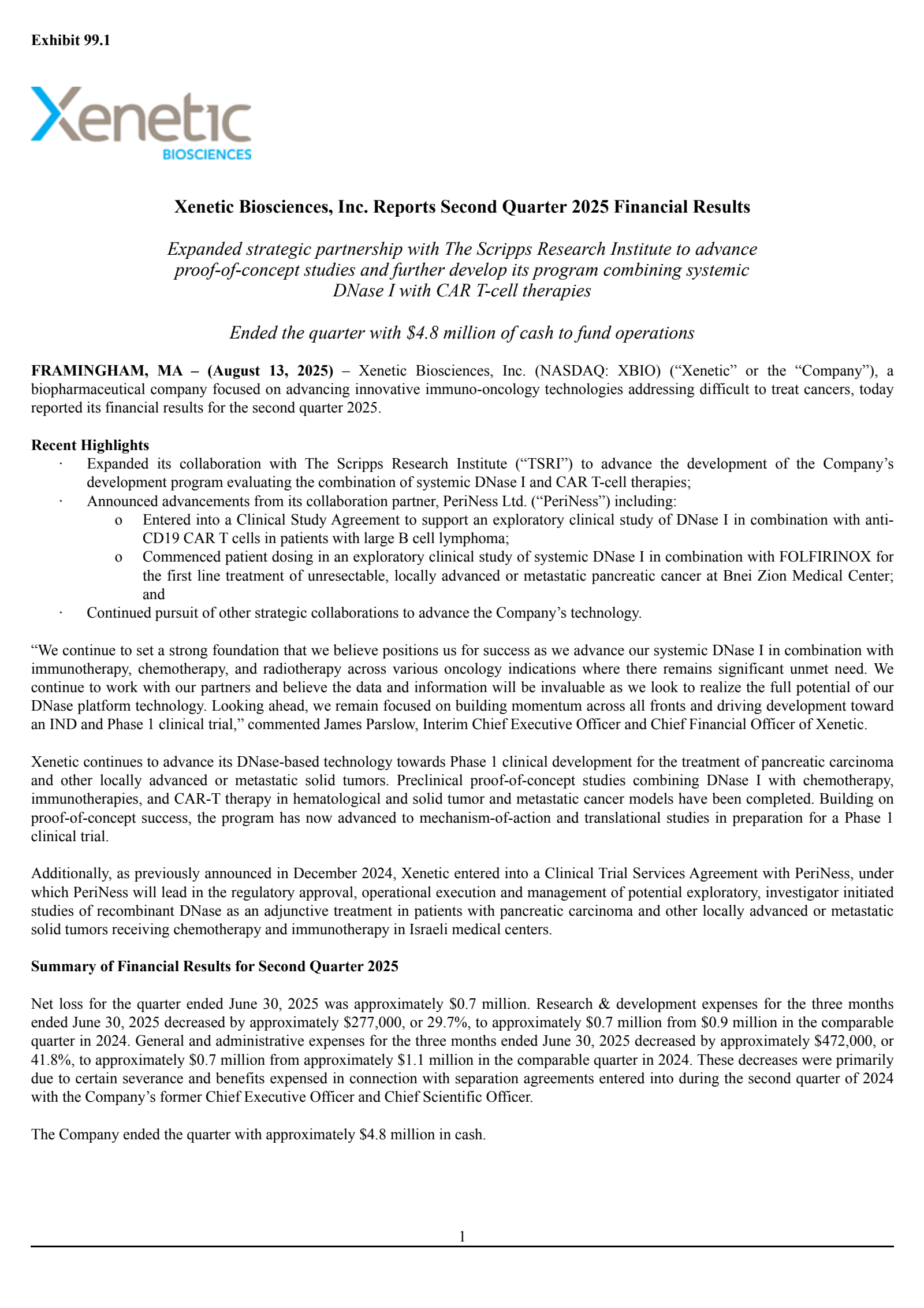 Xenetic Biosciences' Q2 2025 Press Release