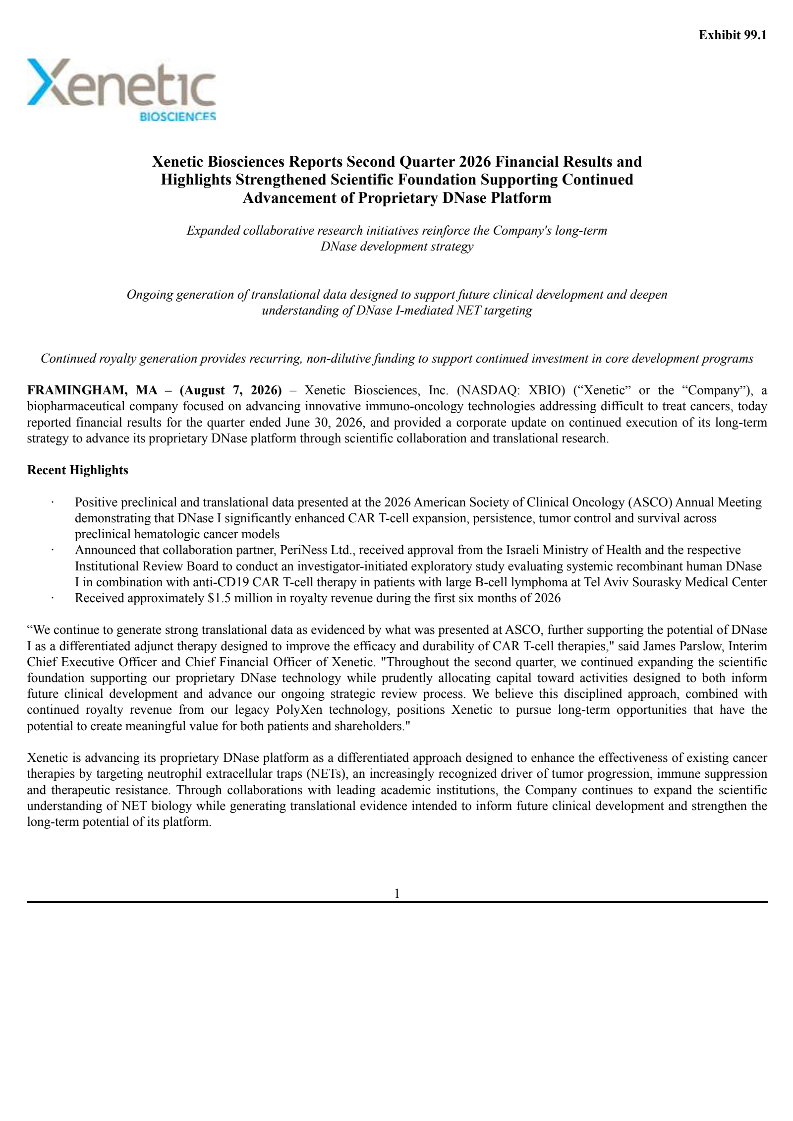 Xenetic Biosciences' Q2 2026 Press Release