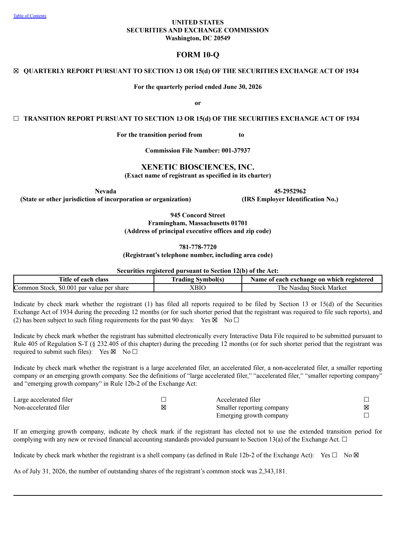 Xenetic Biosciences' Q2 2026 Quarterly report