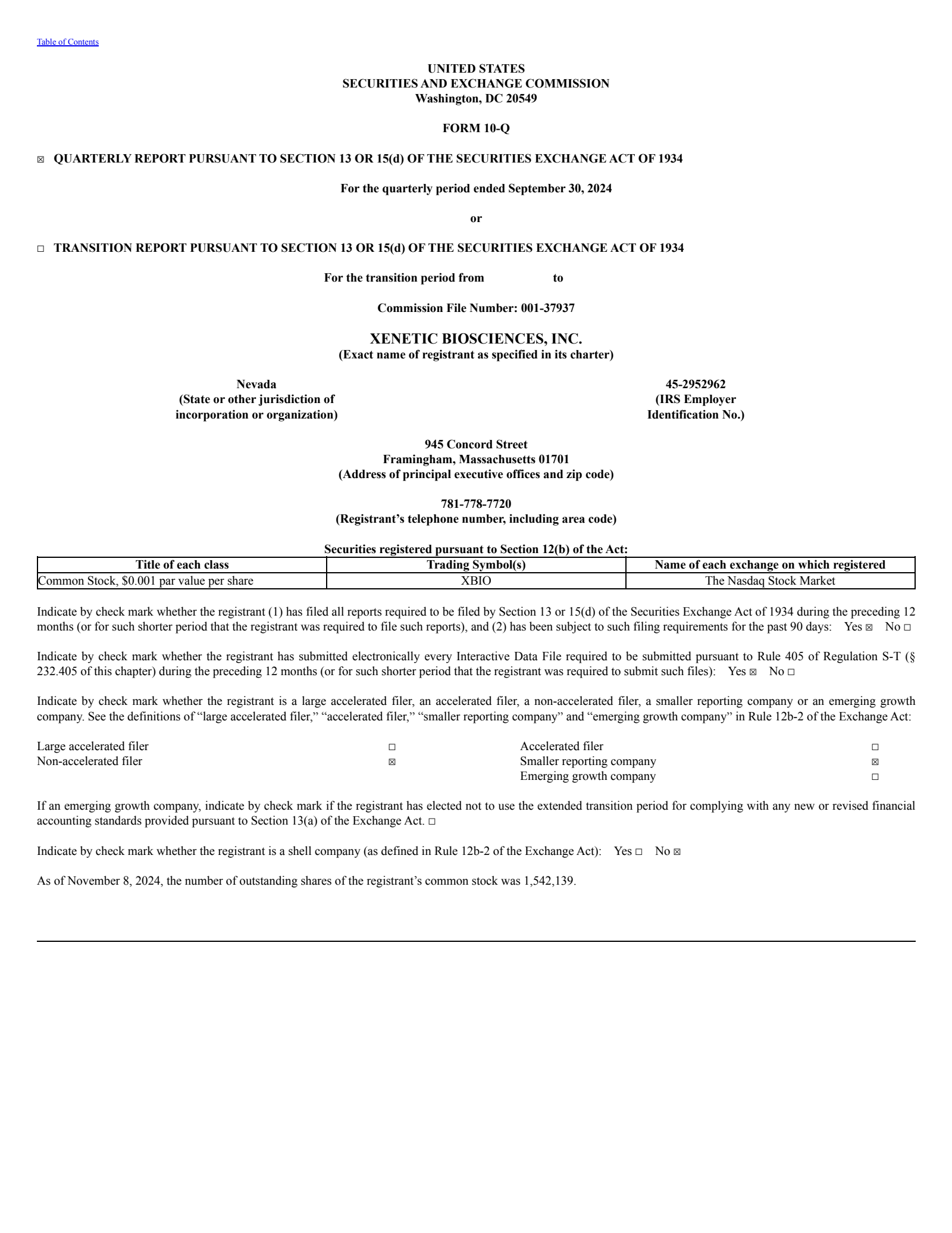 Xenetic Biosciences' Q3 2024 Quarterly Report