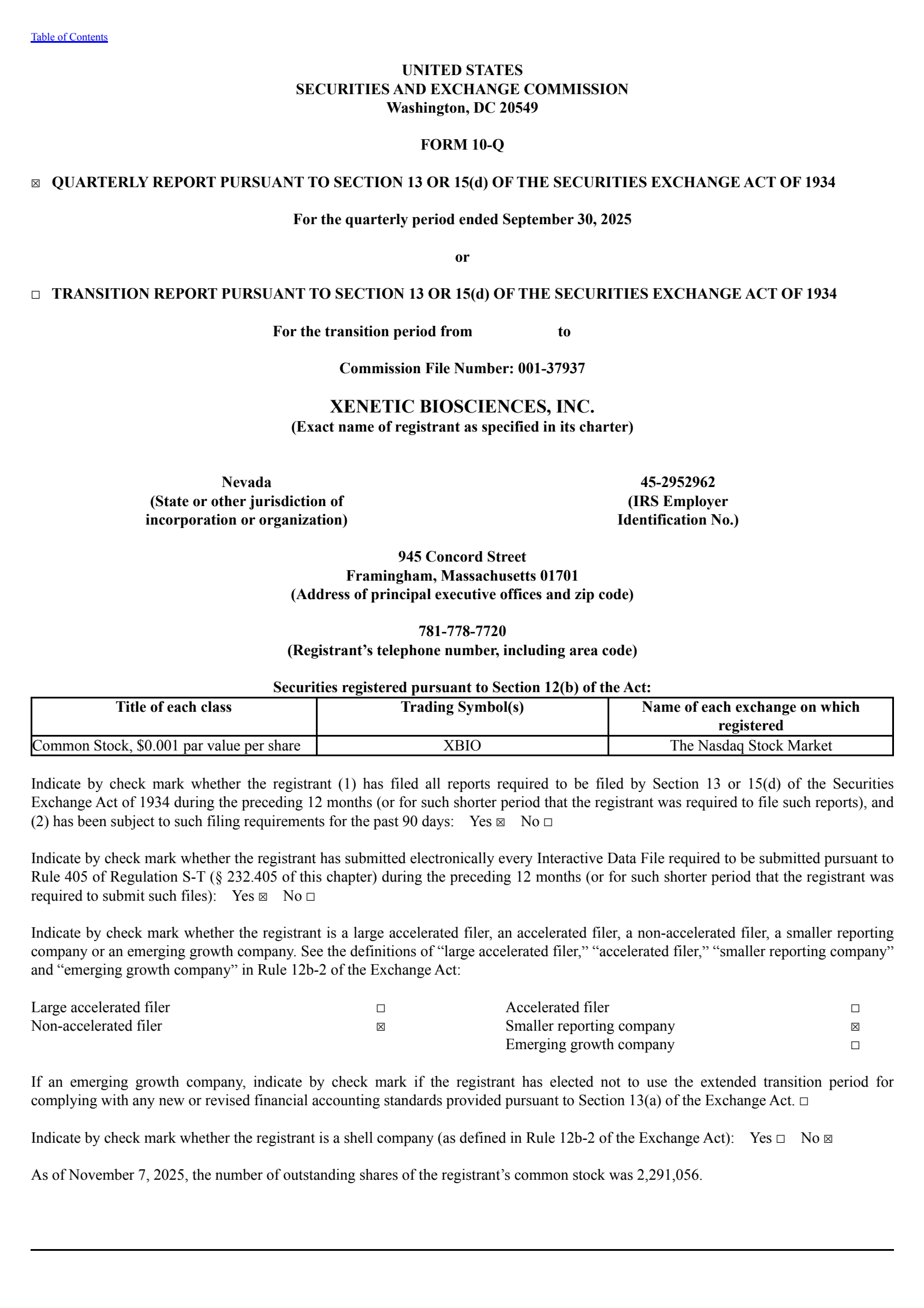 Xenetic Biosciences' Q3 2025 Quarterly Report