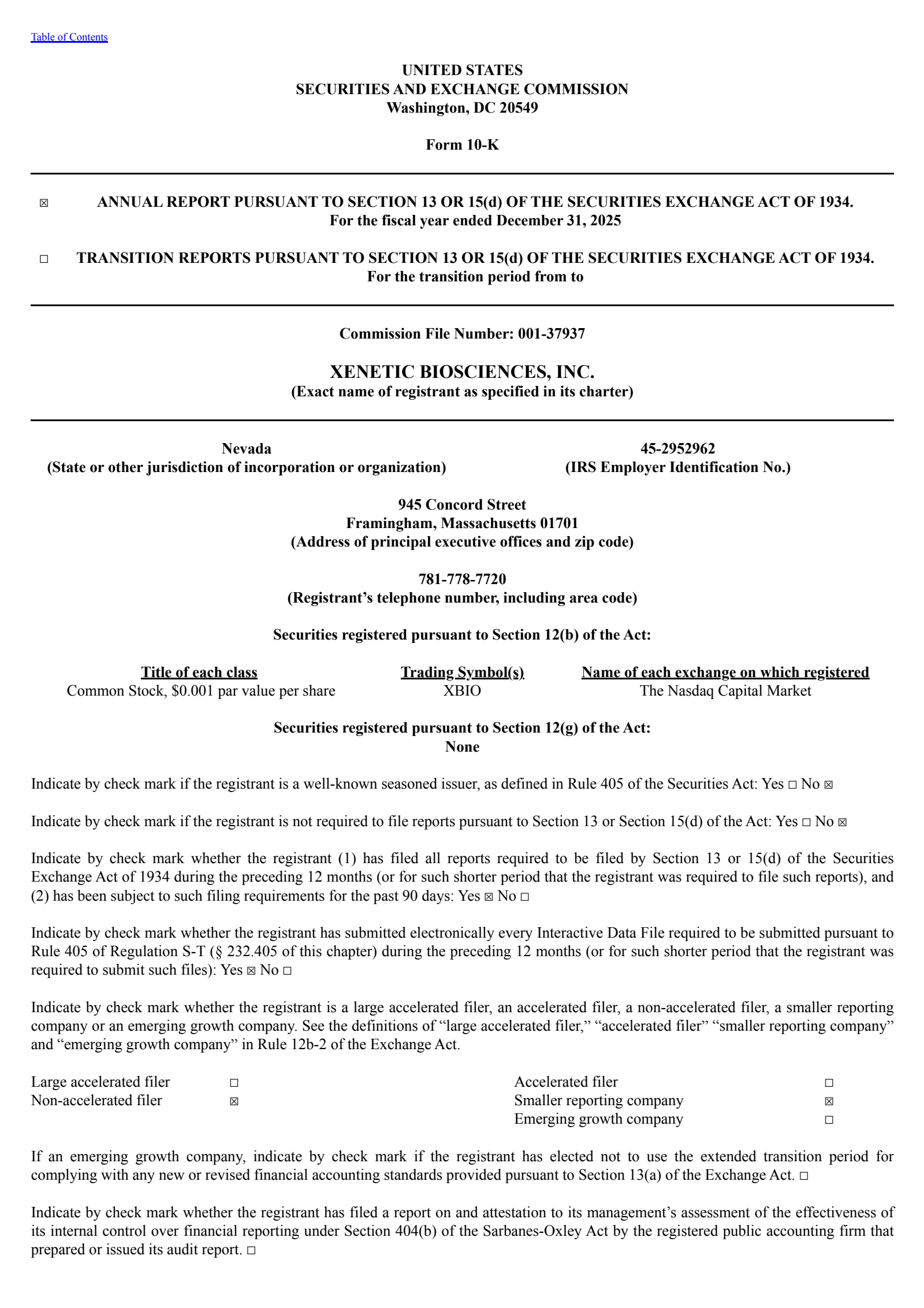Xenetic Biosciences' Q4 2025 Annual report