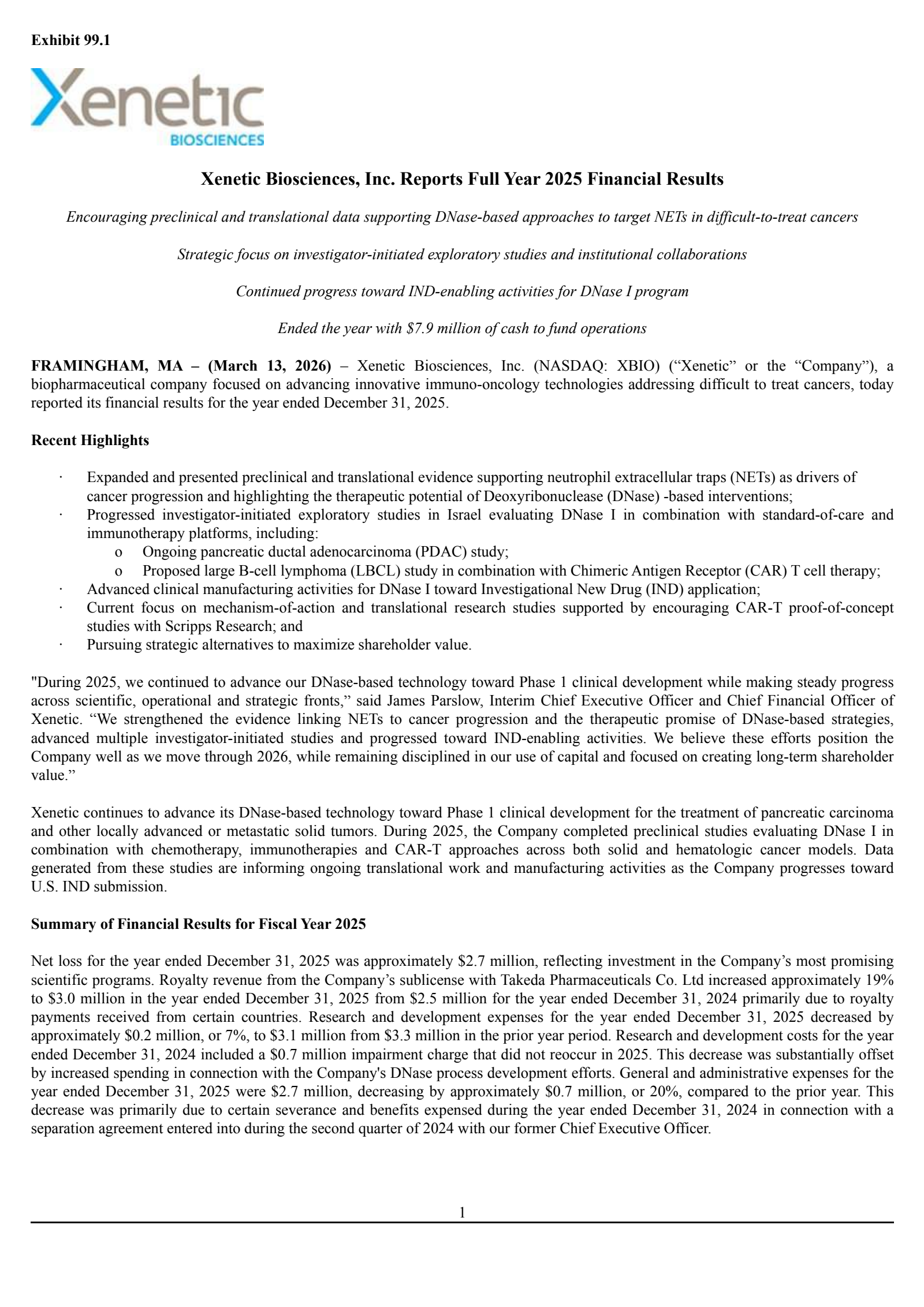Xenetic Biosciences' Q4 2025 Press Release