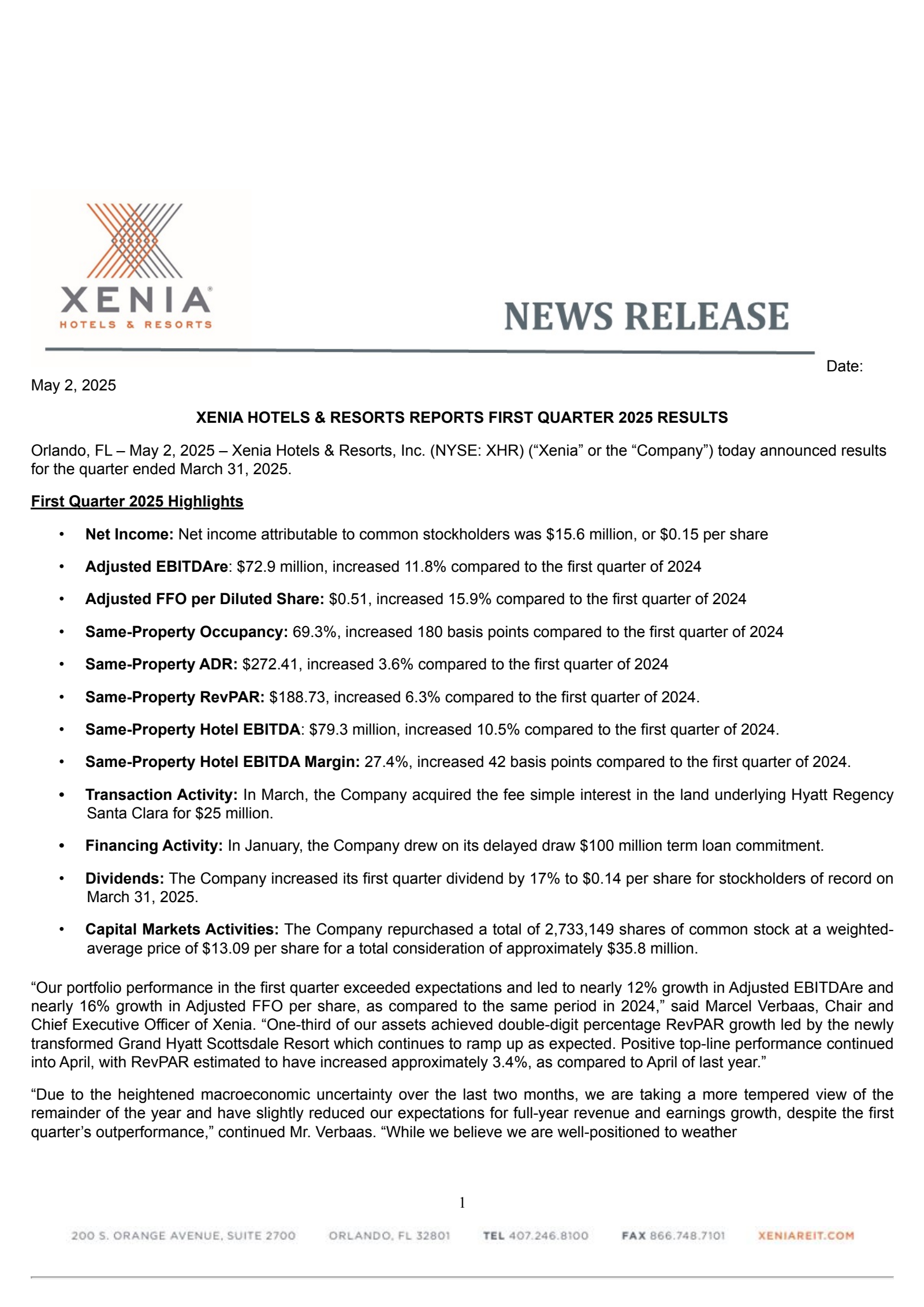 Xenia Hotels & Resorts' Q1 2025 Press Release