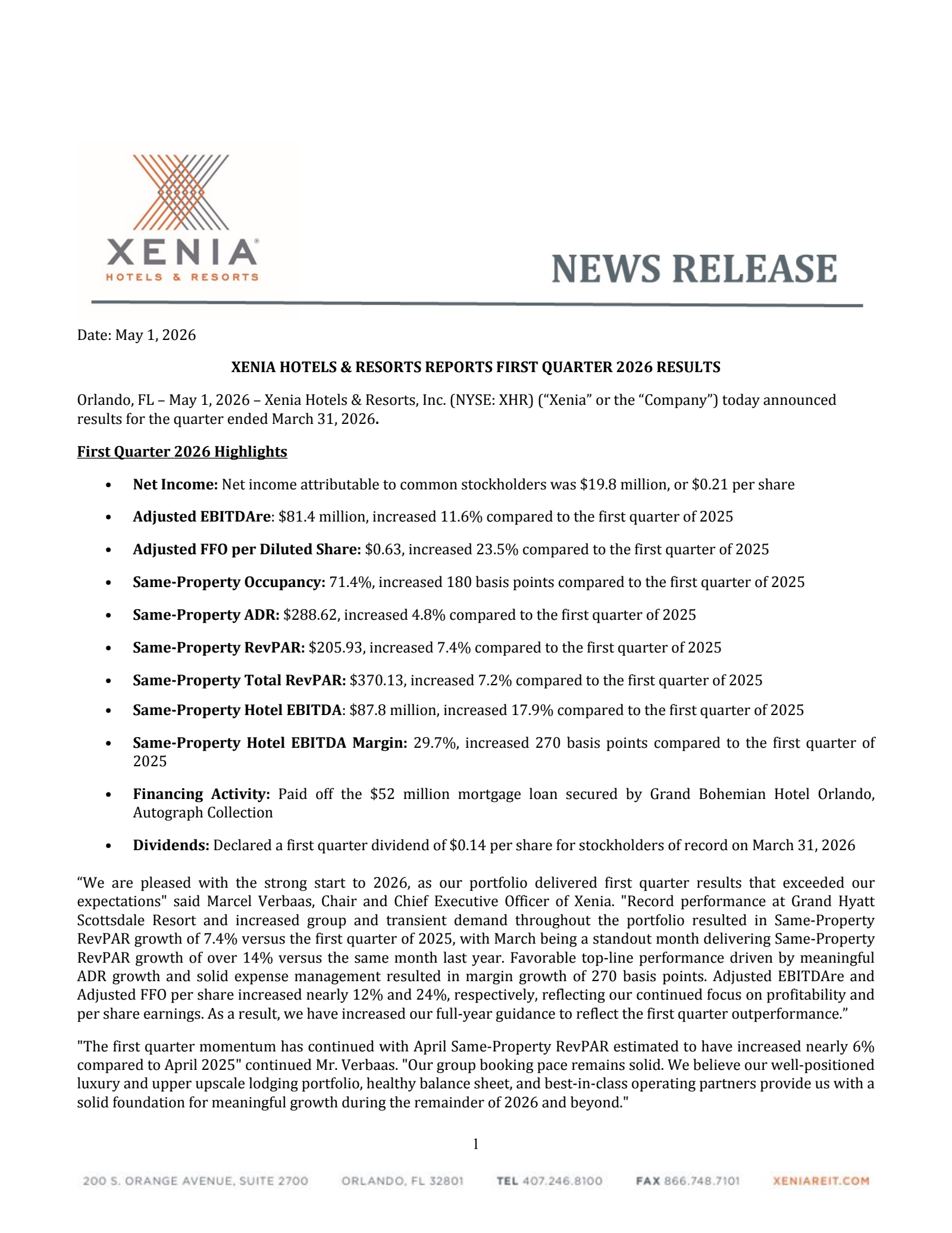 Xenia Hotels & Resorts' Q1 2026 Press Release