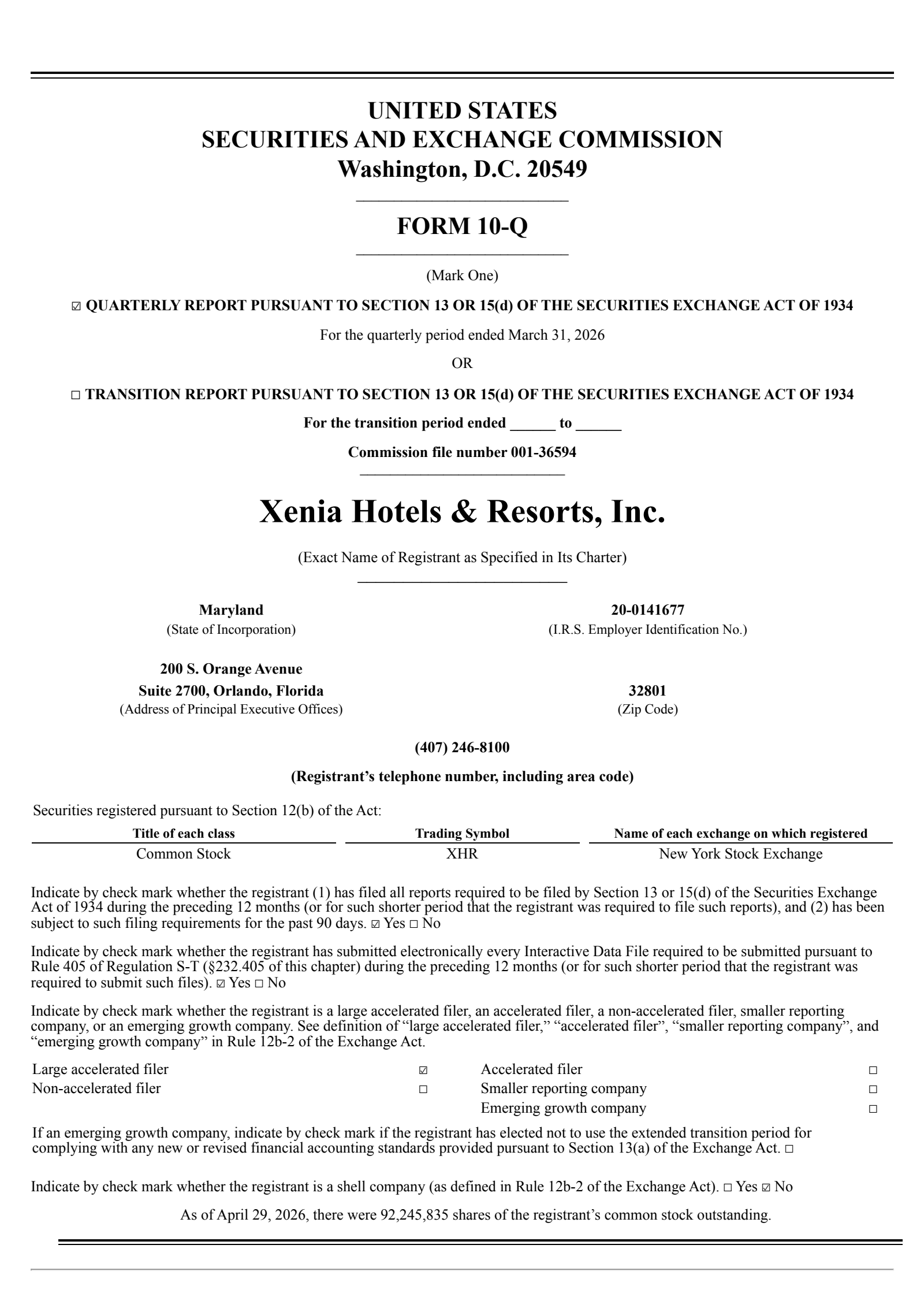 Xenia Hotels & Resorts' Q1 2026 Quarterly report