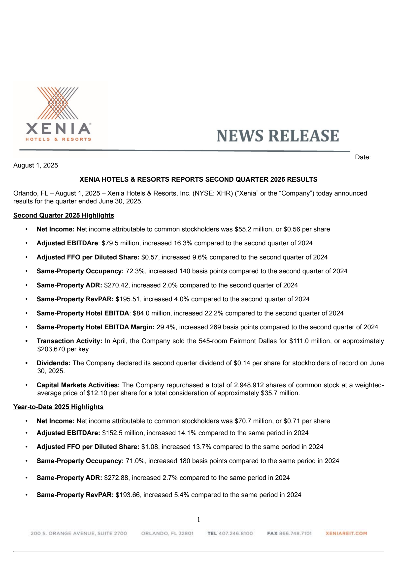 Xenia Hotels & Resorts' Q2 2025 Press Release