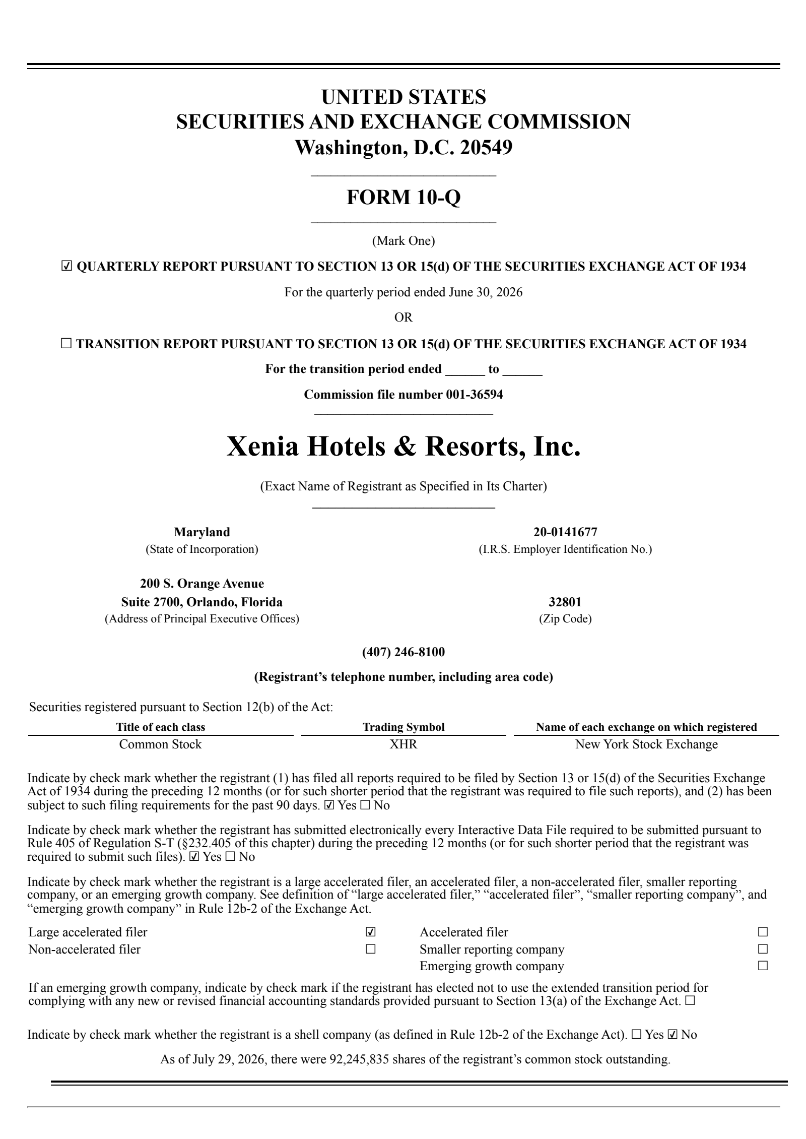 Xenia Hotels & Resorts' Q2 2026 Quarterly report
