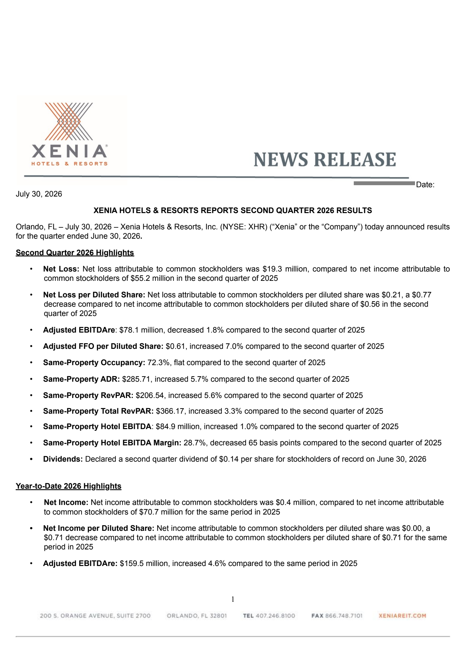 Xenia Hotels & Resorts' Q2 2026 Press Release