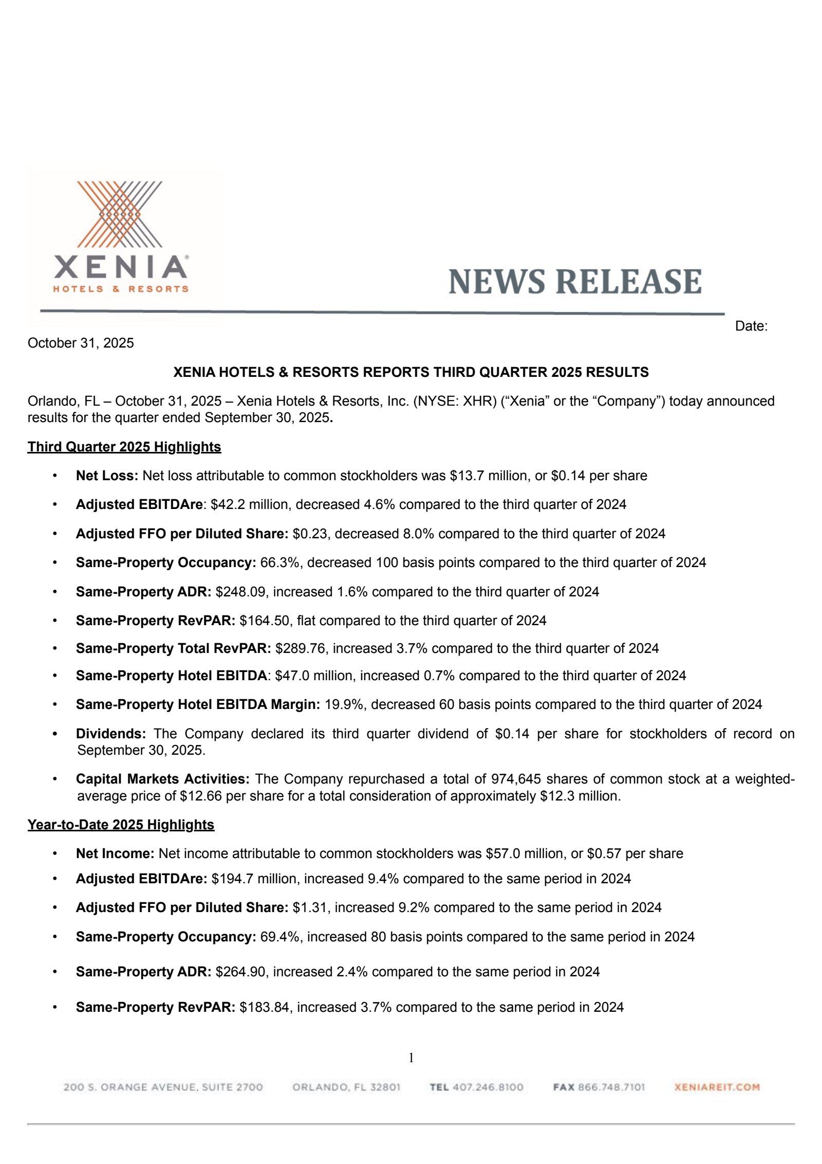 Xenia Hotels & Resorts' Q3 2025 Earnings Release