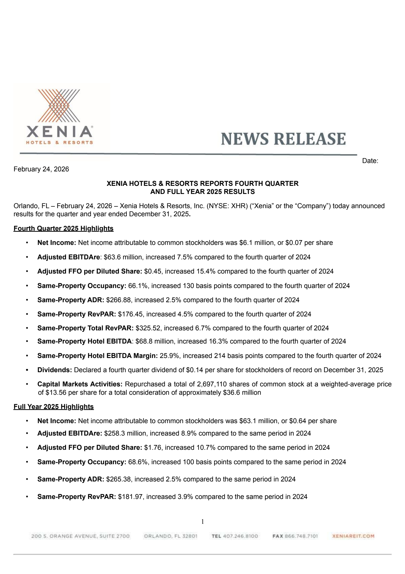 Xenia Hotels & Resorts' Q4 2025 Press Release