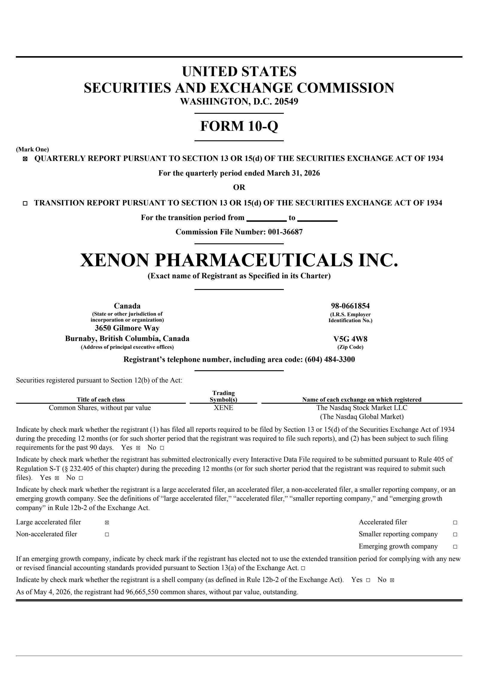 Xenon Pharmaceuticals' Q1 2026 Quarterly report