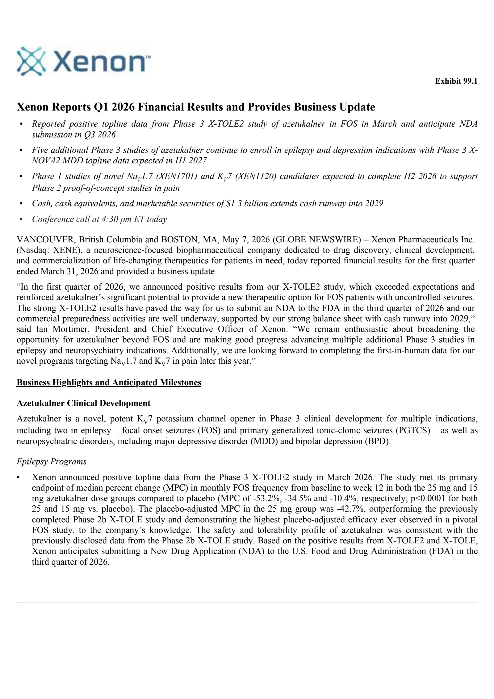 Xenon Pharmaceuticals' Q1 2026 Press Release