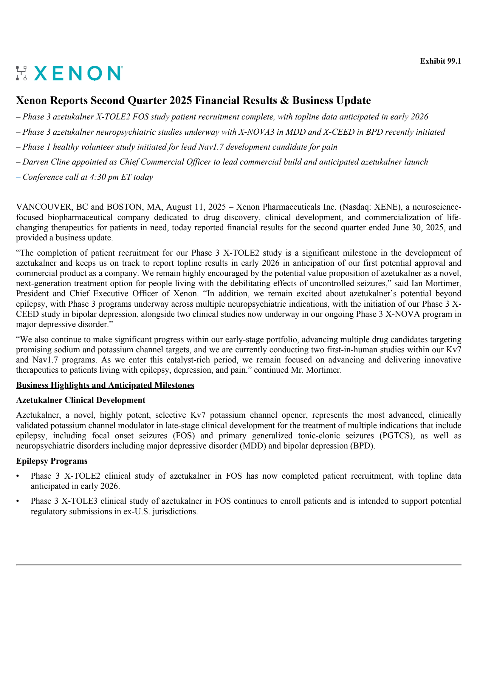 Xenon Pharmaceuticals' Q2 2025 Press Release