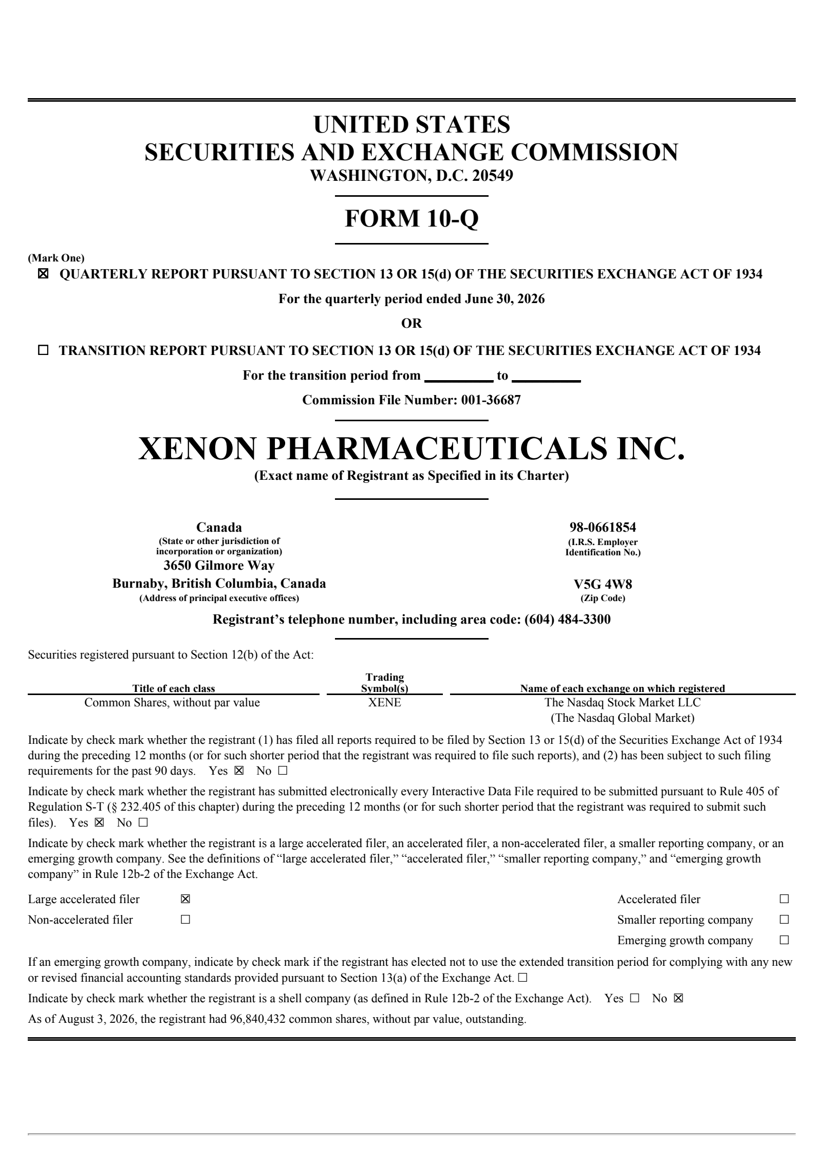 Xenon Pharmaceuticals' Q2 2026 Quarterly report