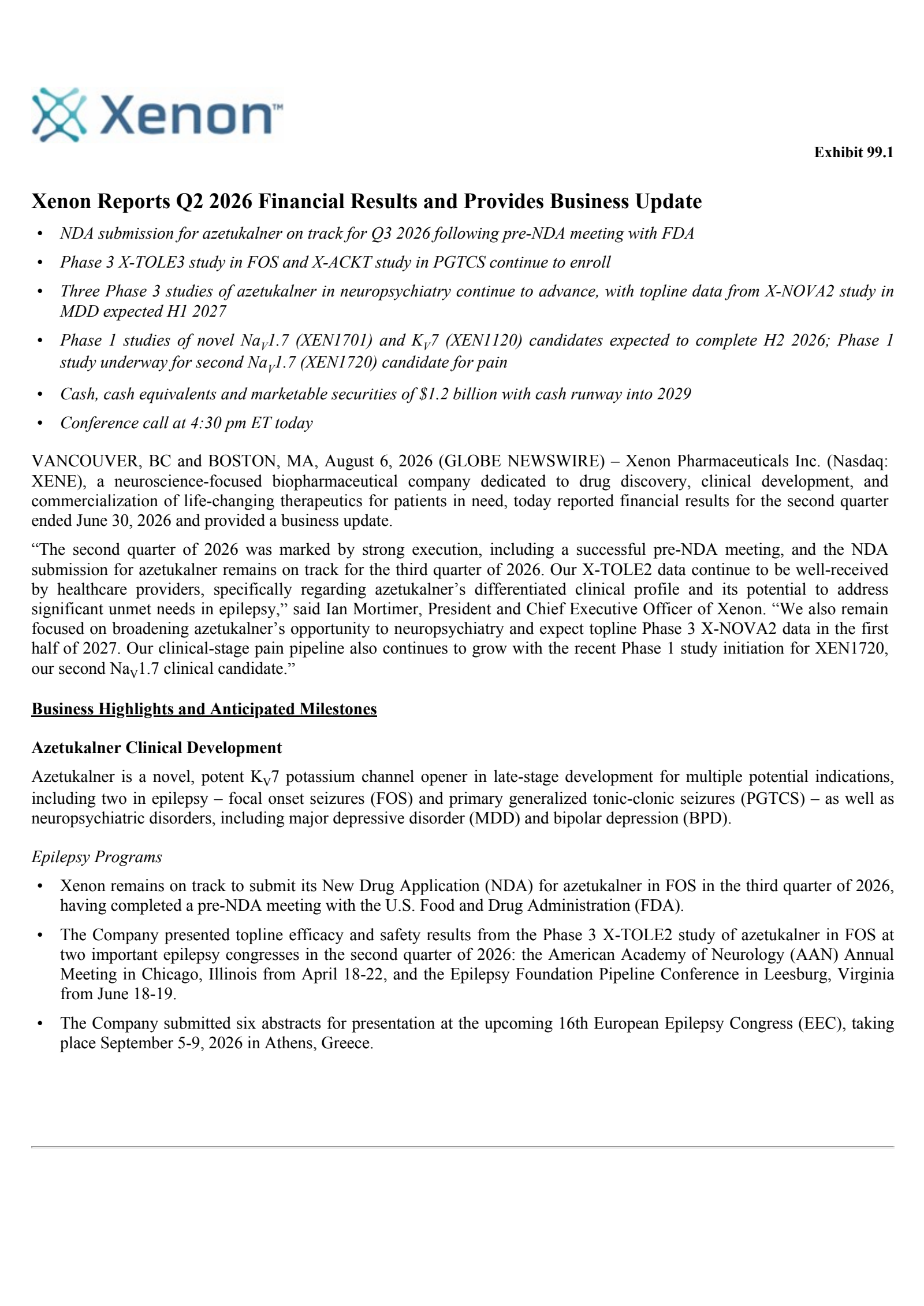 Xenon Pharmaceuticals' Q2 2026 Press Release