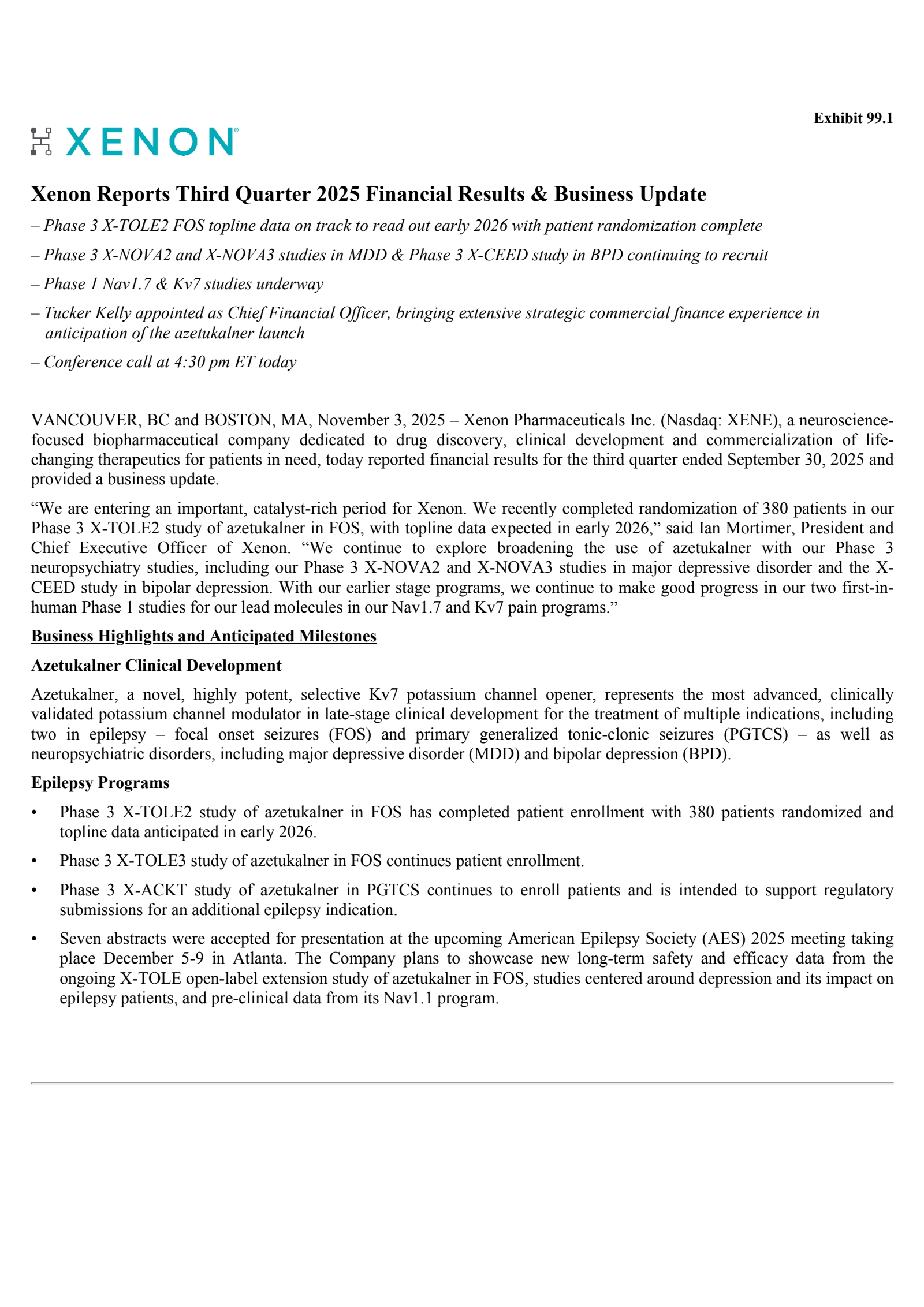 Xenon Pharmaceuticals' Q3 2025 Earnings Release