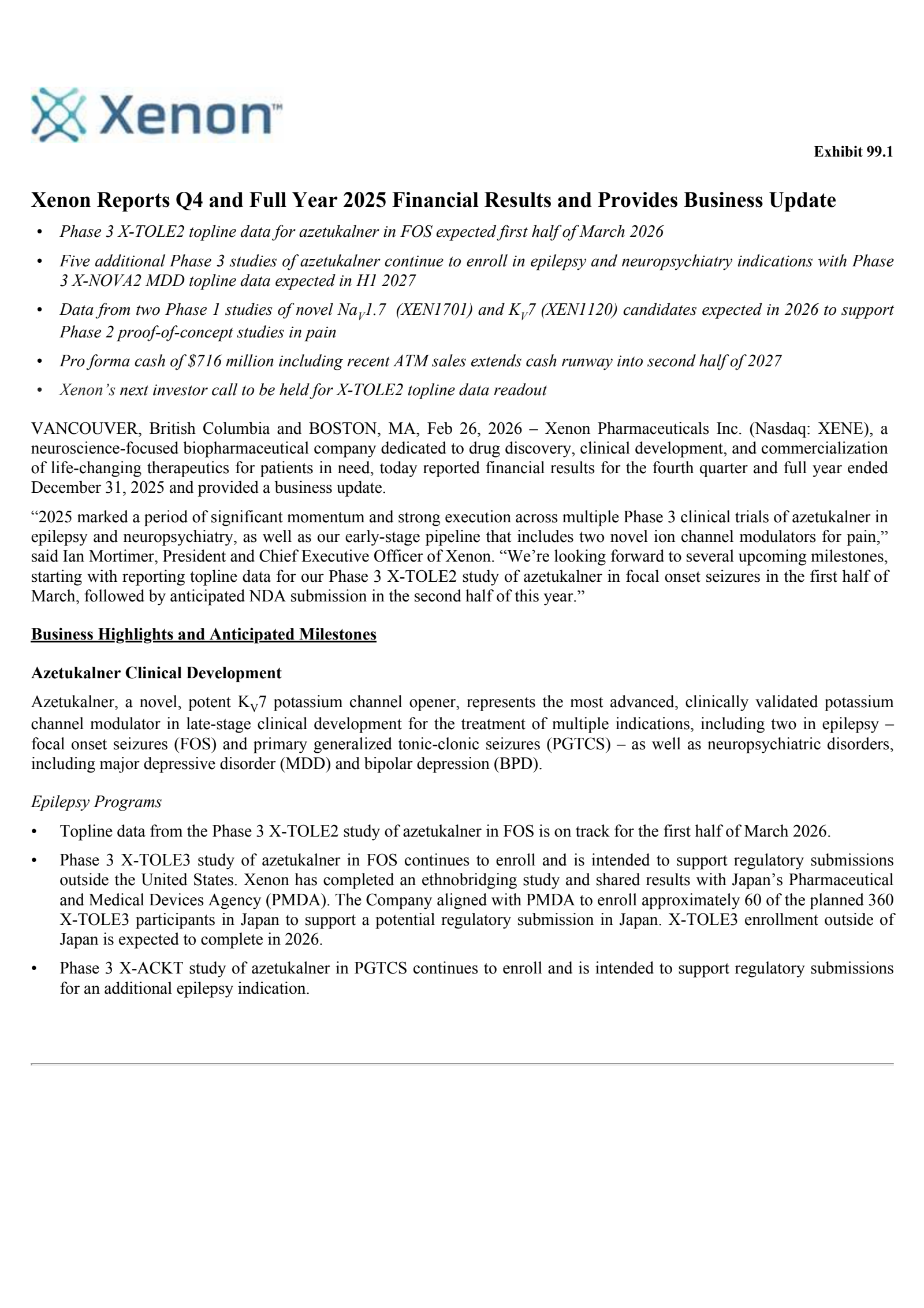Xenon Pharmaceuticals' Q4 2025 Press Release