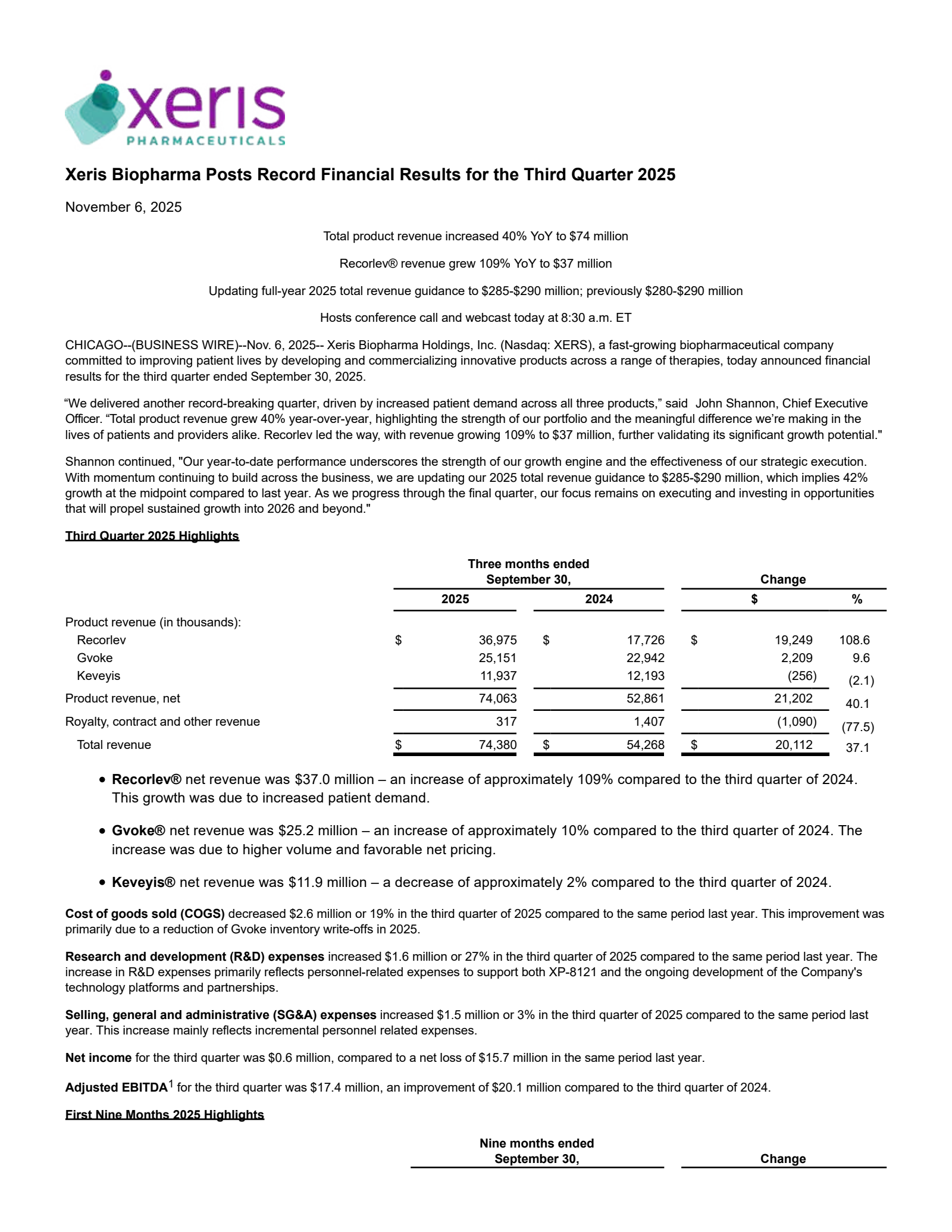 Xeris Biopharma's Q3 2025 Earnings Release