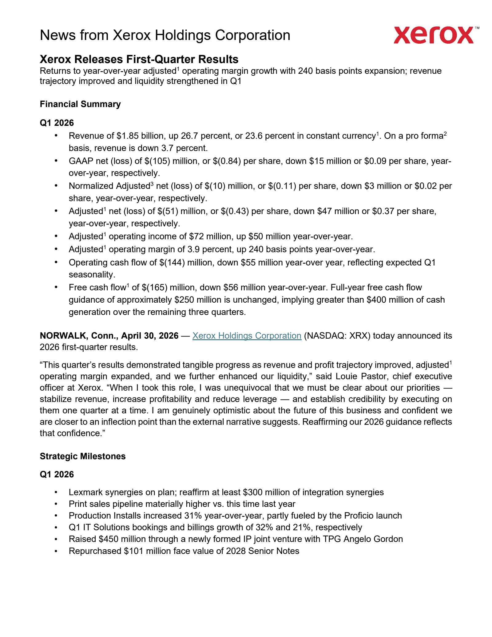 Xerox's Q1 2026 Press Release