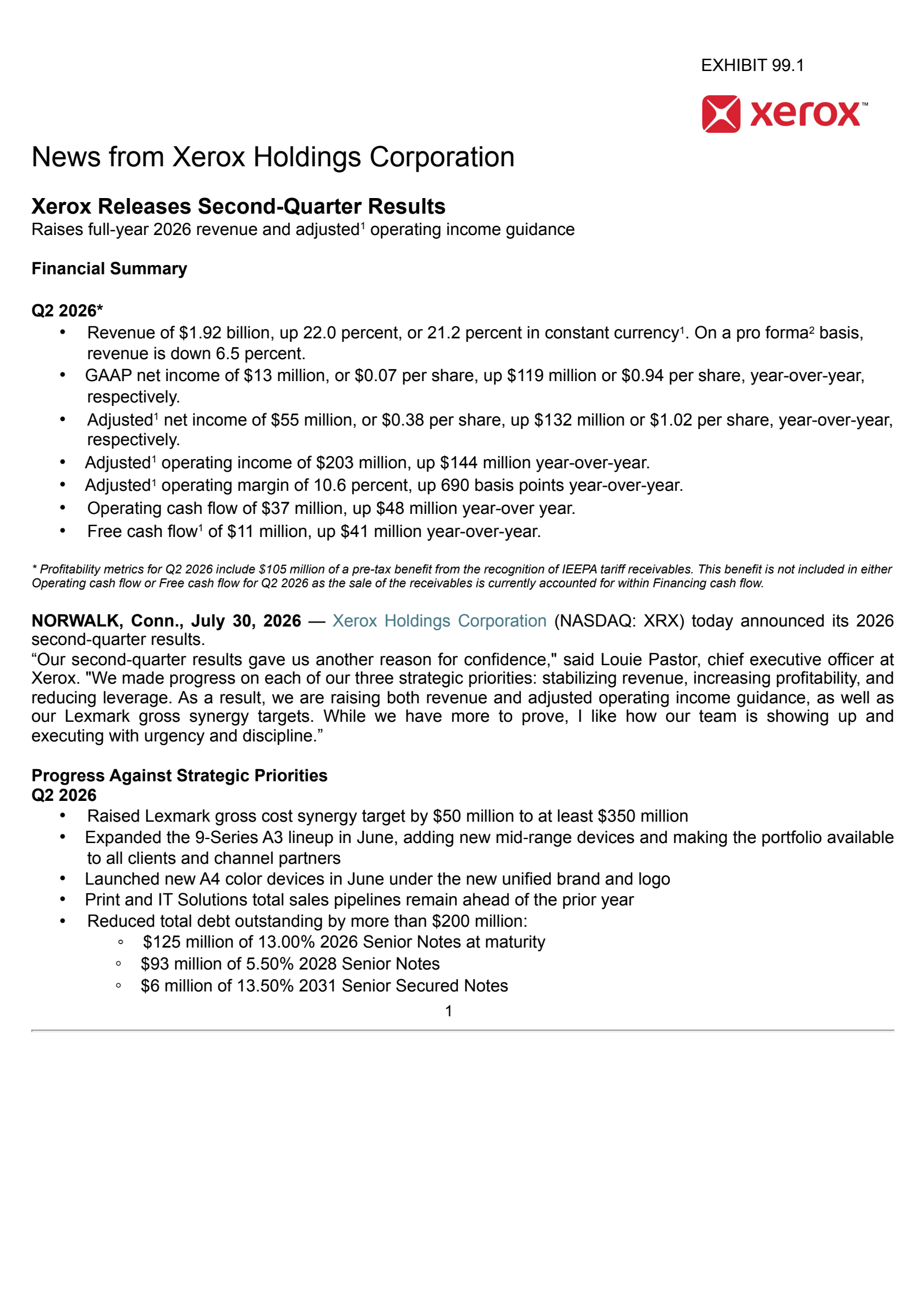 Xerox's Q2 2026 Press Release
