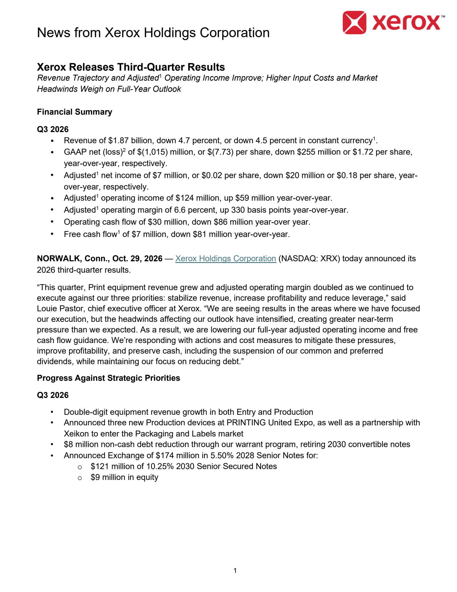 Xerox's Q3 2026 Press Release