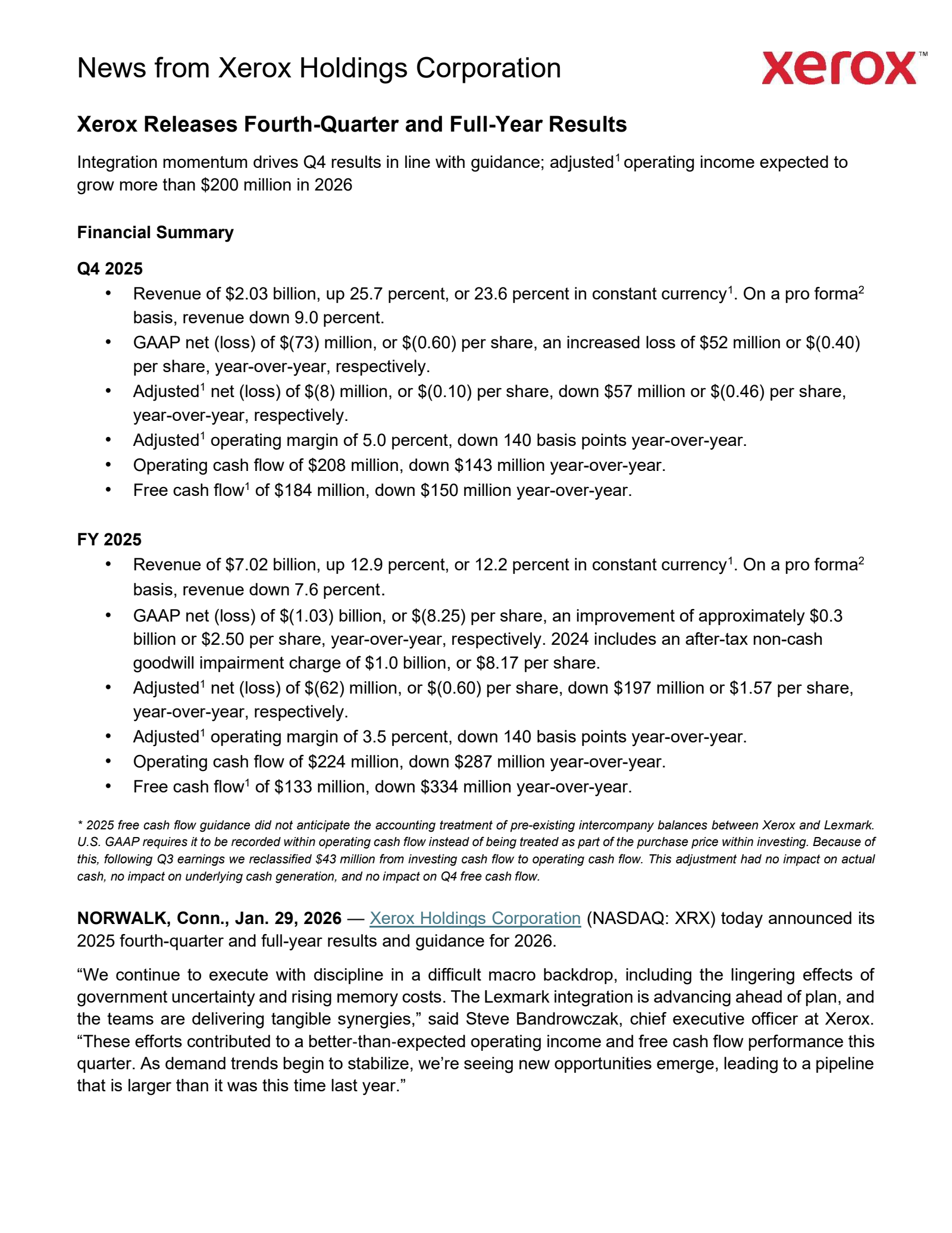 Xerox's Q4 2025 Press Release