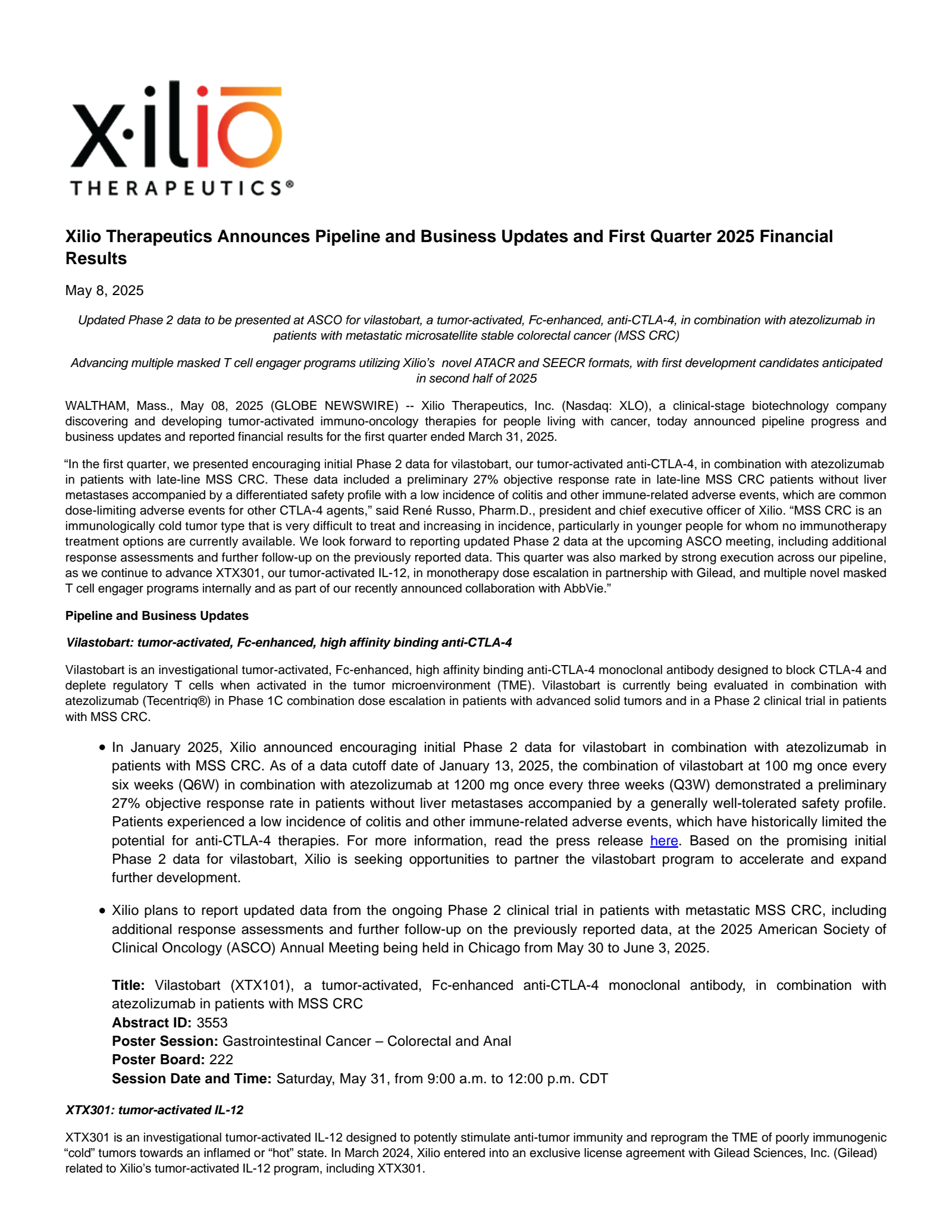 Xilio Therapeutics' Q1 2025 Press Release