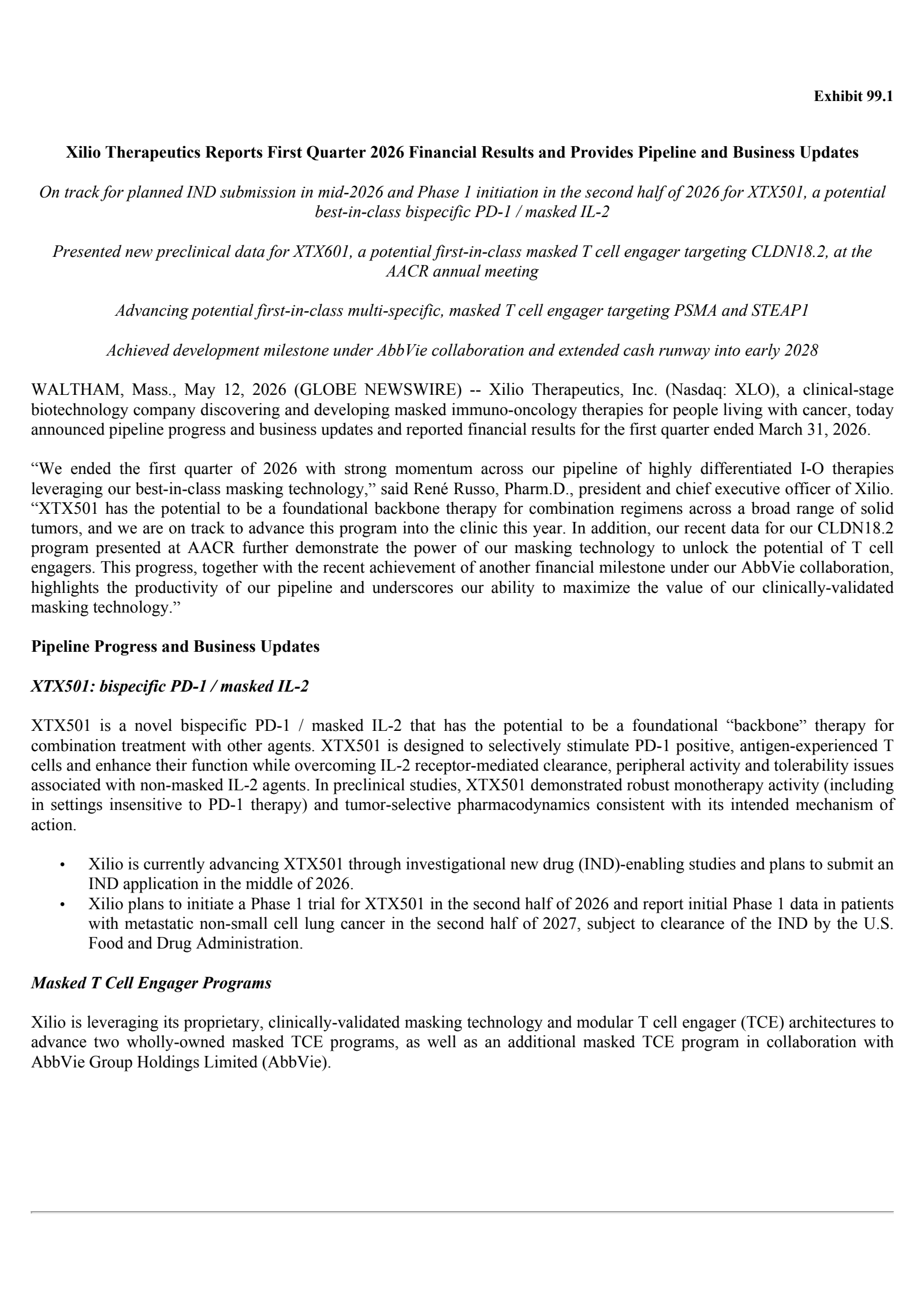 Xilio Therapeutics' Q1 2026 Press Release