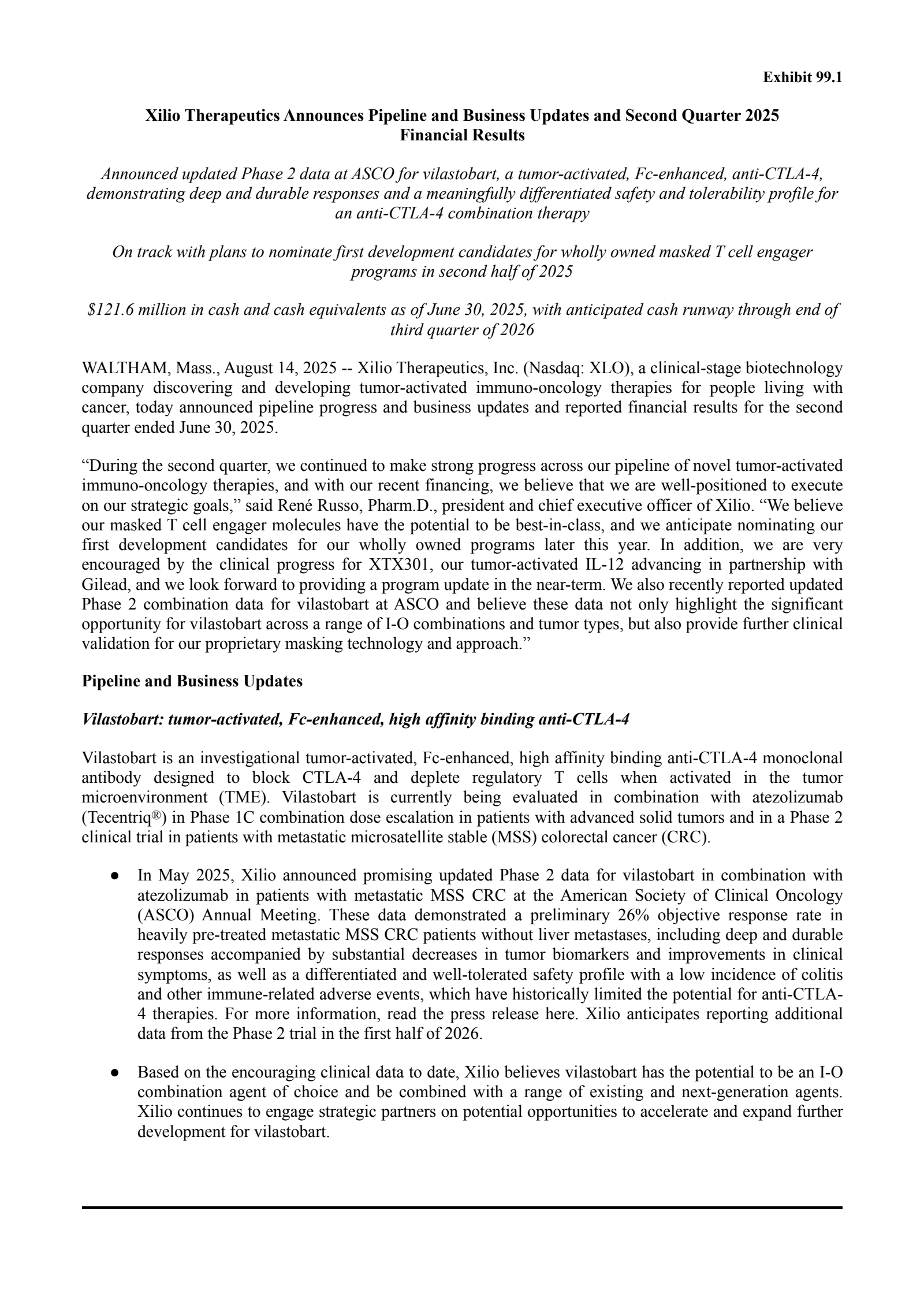 Xilio Therapeutics' Q2 2025 Press Release