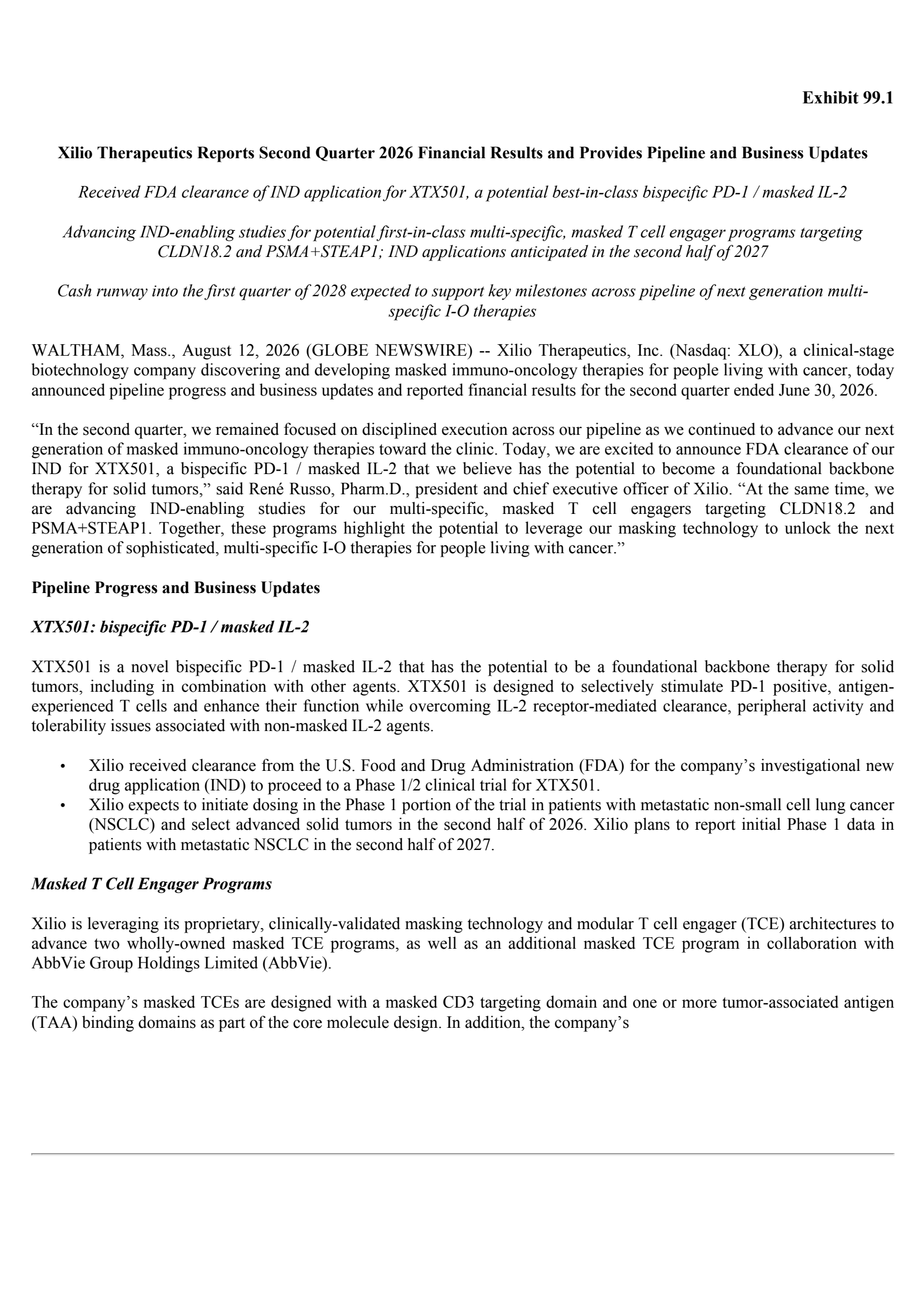 Xilio Therapeutics' Q2 2026 Press Release