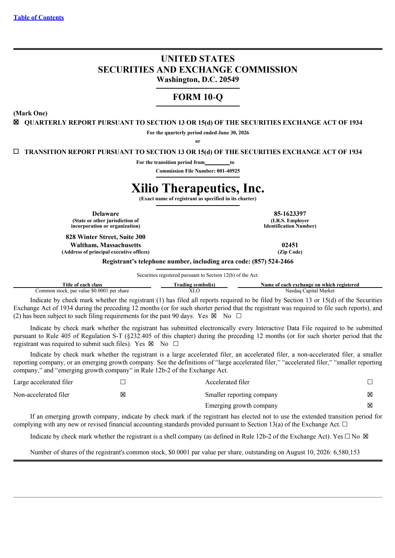 Xilio Therapeutics' Q2 2026 Quarterly report